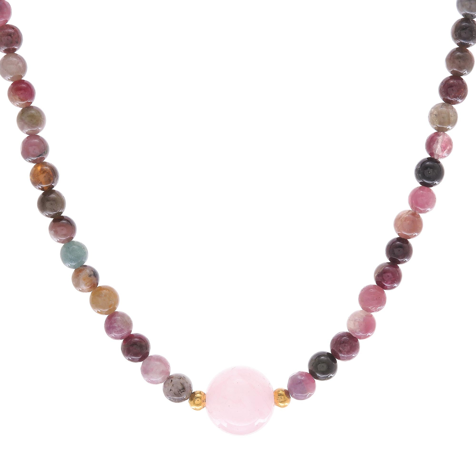 Premium Rose Quartz & Tourmaline Beaded Necklace - Handmade Elegance