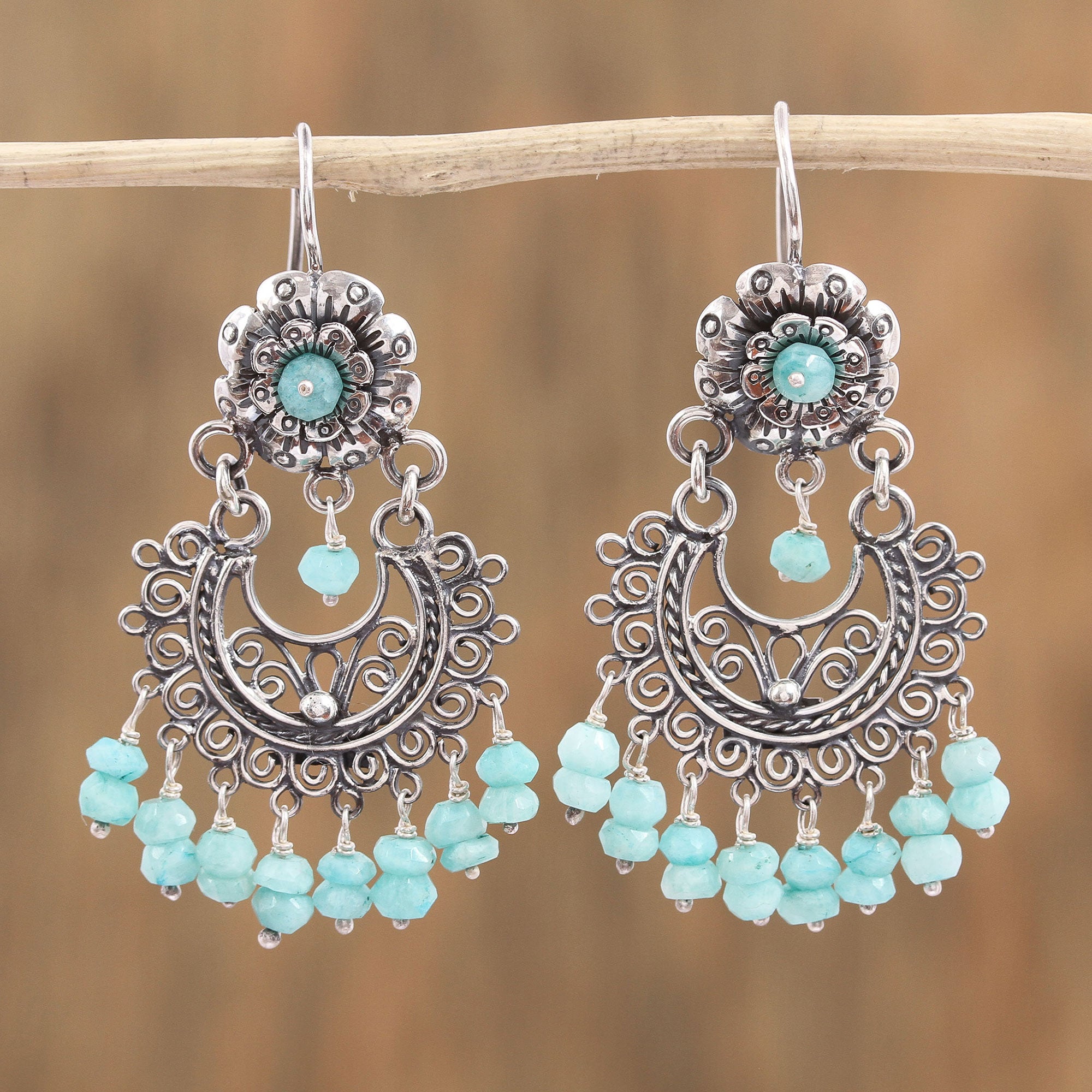 Premium Floral Amazonite Chandelier Earrings - Handcrafted in Mexico