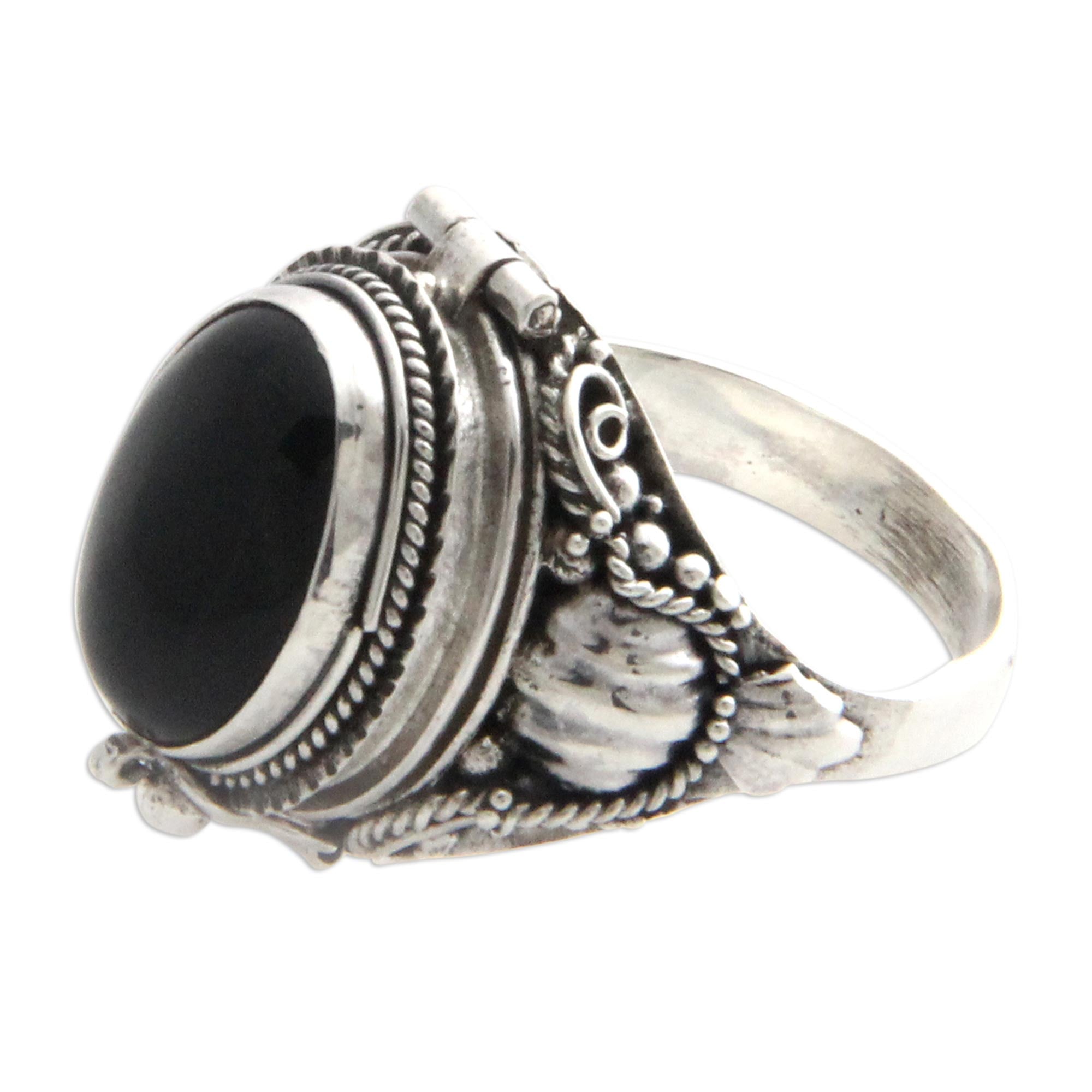 Premium Gothic Sterling Silver Secret Compartment Ring with Onyx