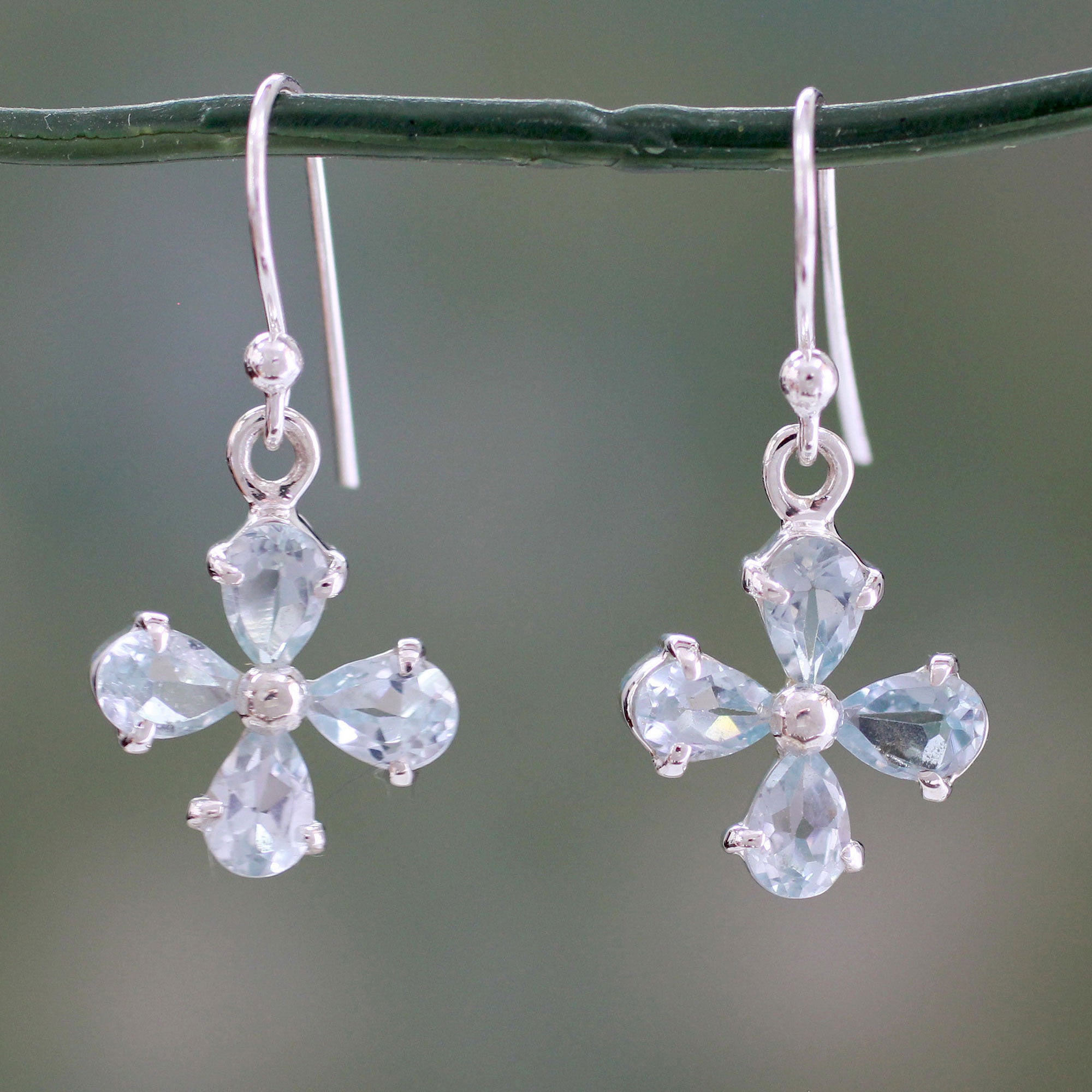 Premium Sky Blue Blossom Dangle Earrings with Blue Topaz in 925 Sterling Silver