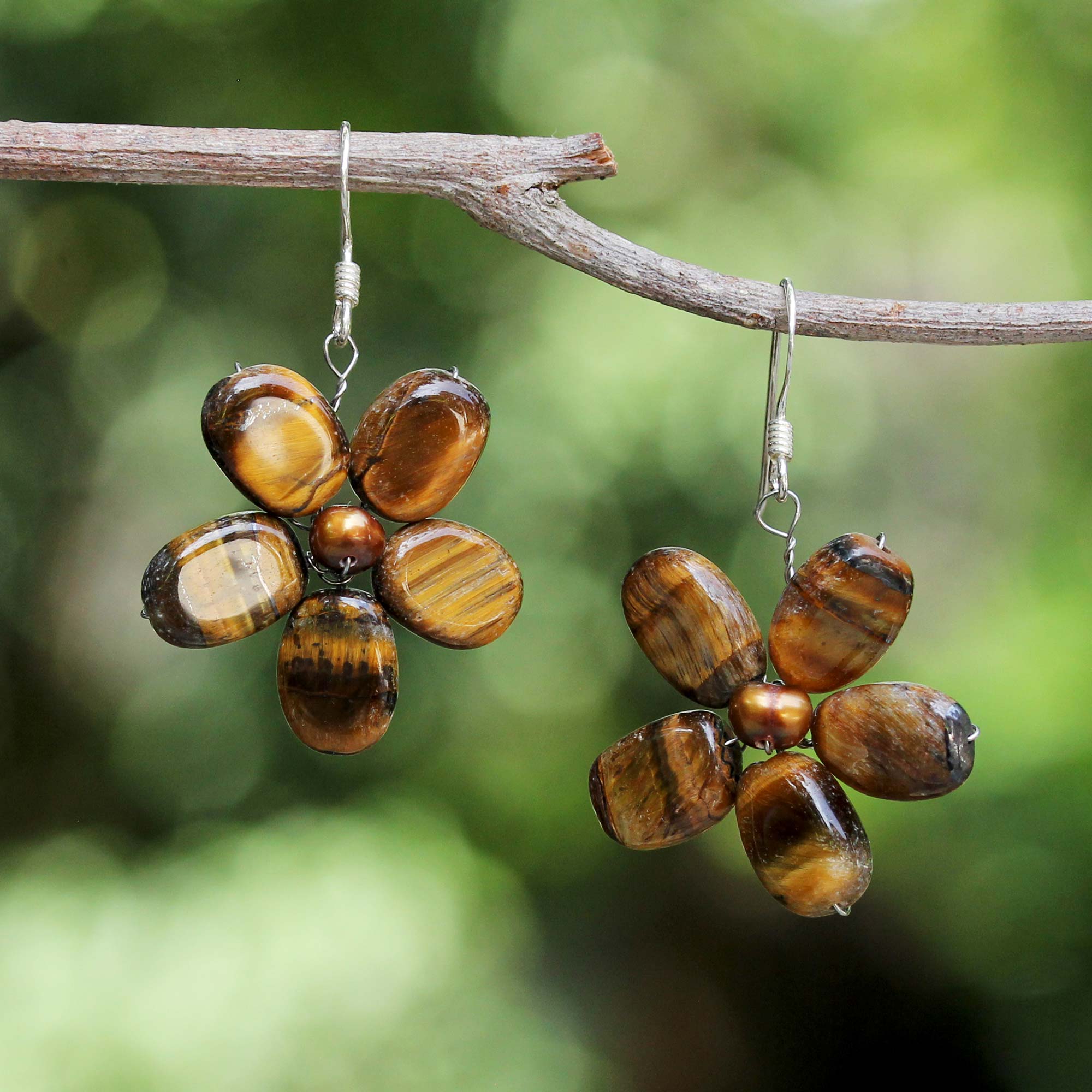 Premium Paradise Pearl & Tiger's Eye Elegant Flower Earrings