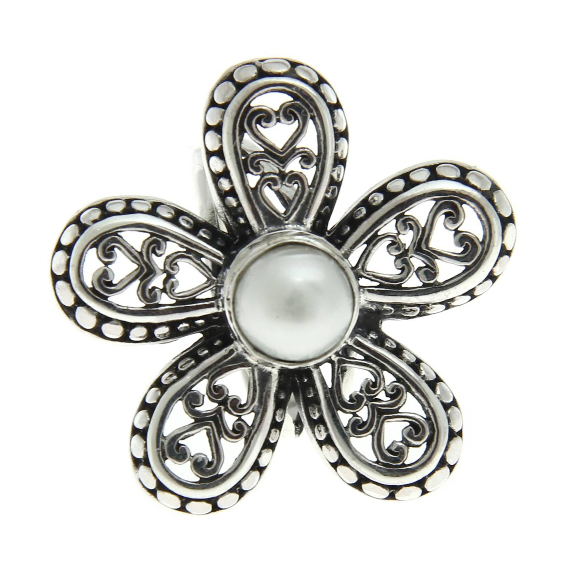 Premium White Plumeria Cultured Pearl & Sterling Silver 925 Flower Ring