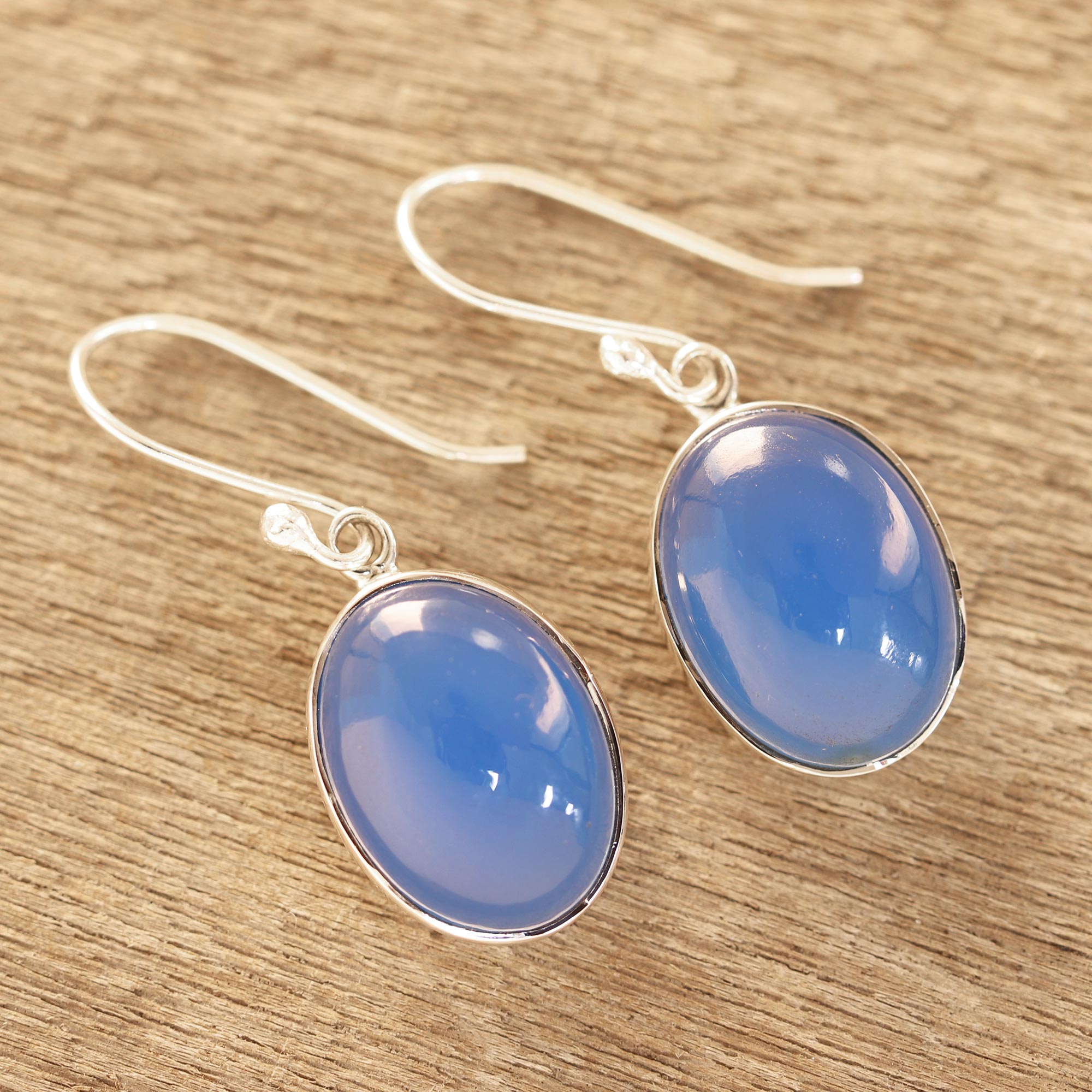 Premium Oval Blue Chalcedony Dangle Earrings - Handcrafted in Sterling Silver