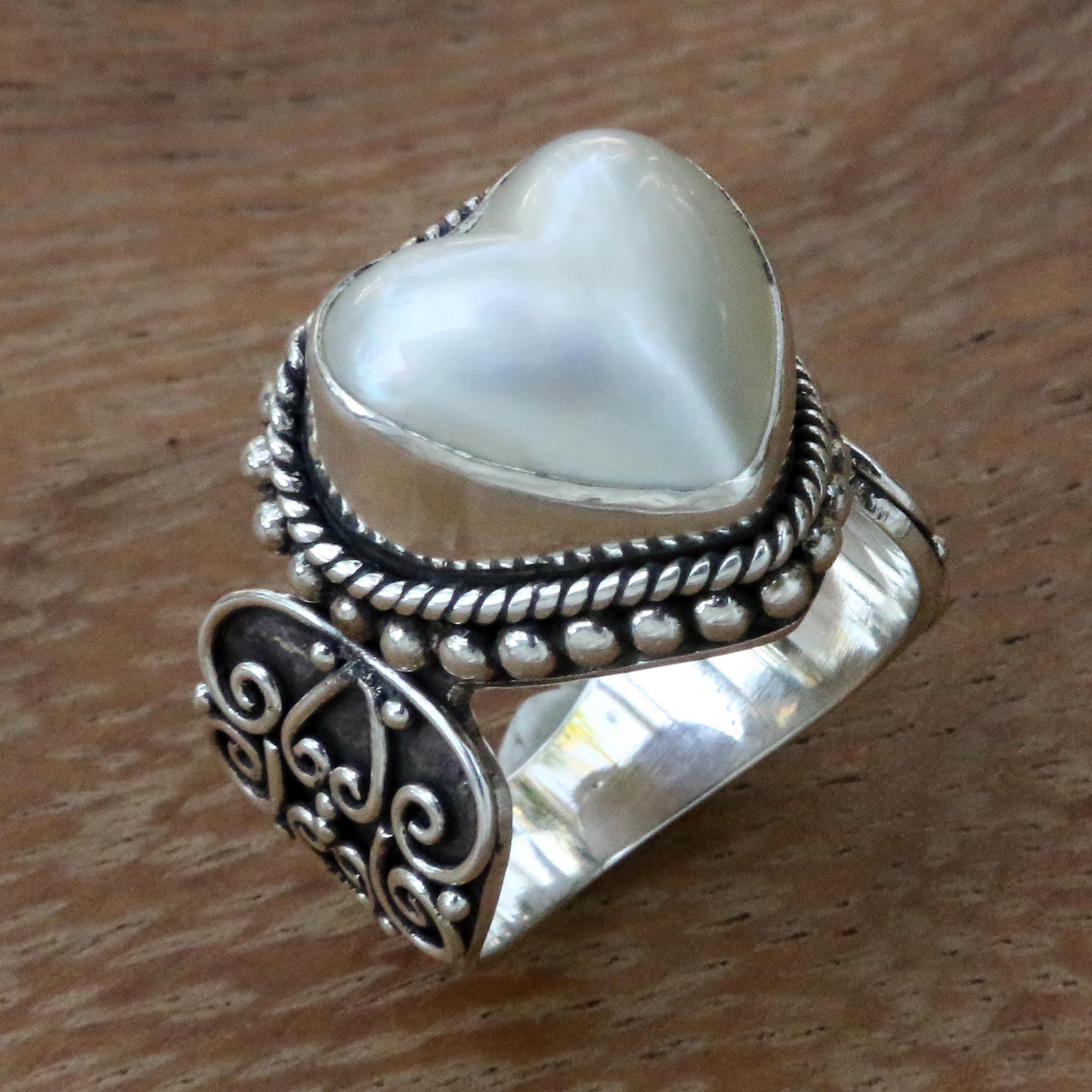 Premium Romance in White Cocktail Ring with Heart-Shaped Mabe Pearl