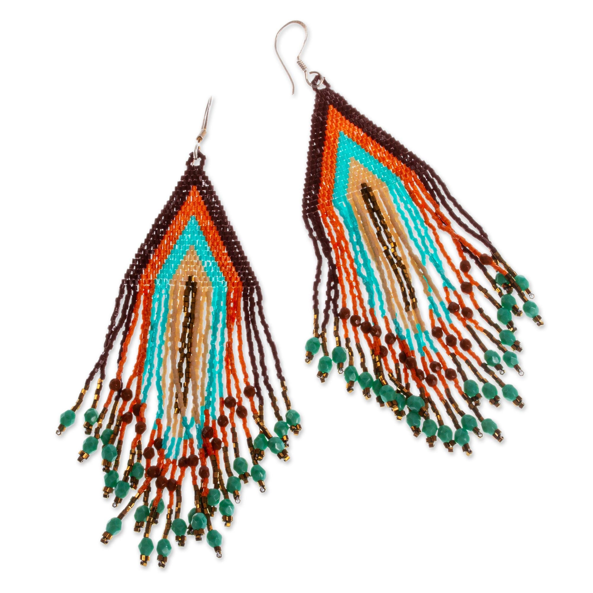 Premium Huichol Beadwork Waterfall Earrings in Peach, Aqua & Tangerine