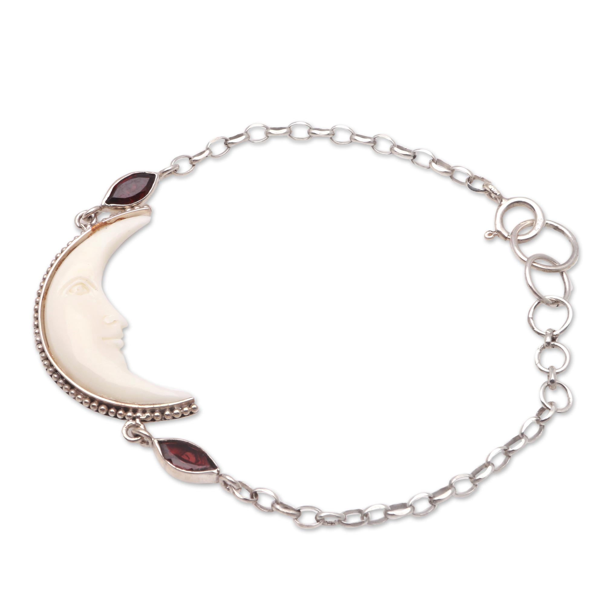 Premium Crescent Moon Garnet Pendant Bracelet - Handcrafted Elegance