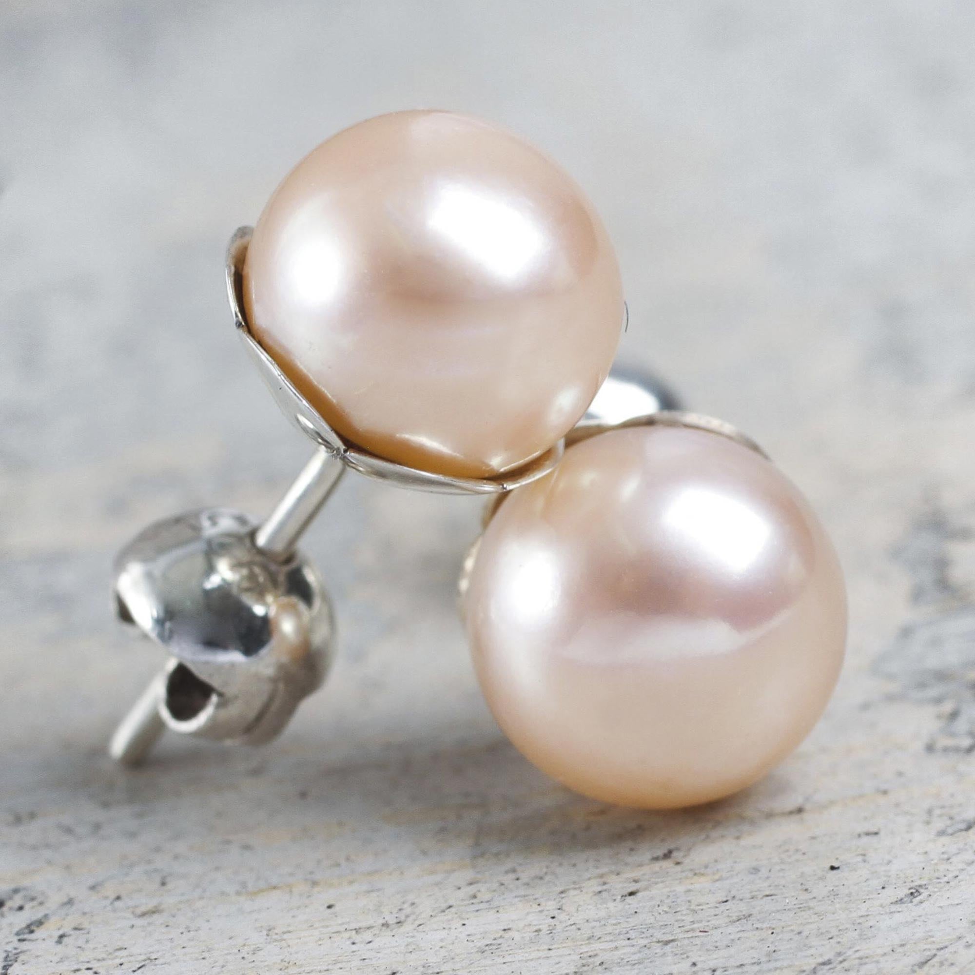 Premium Pink Cultured Pearl Stud Earrings - Handcrafted Floral Design in Sterling Silver