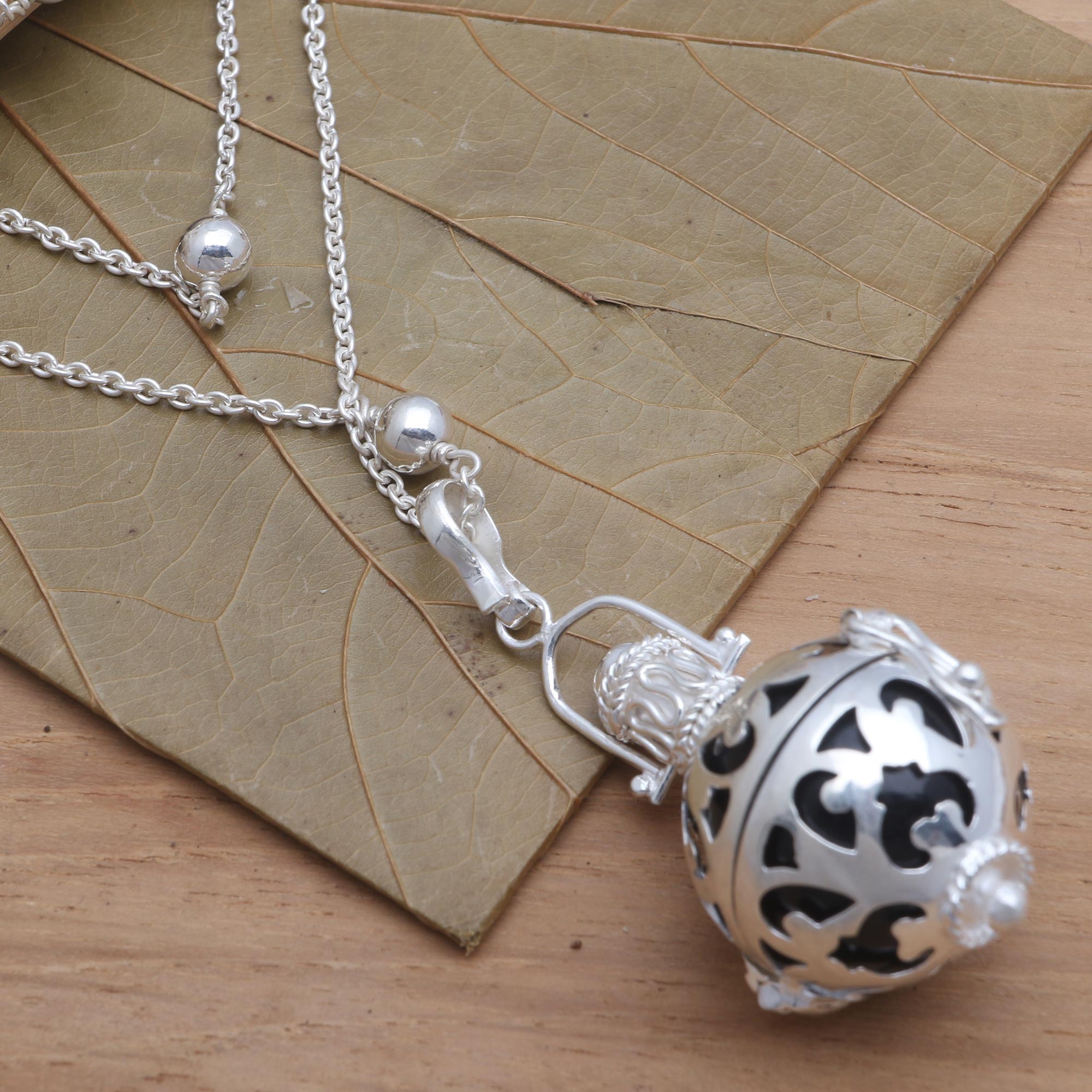 Premium Harmony Ball Necklace - Sterling Silver & Black Enamel with Onyx