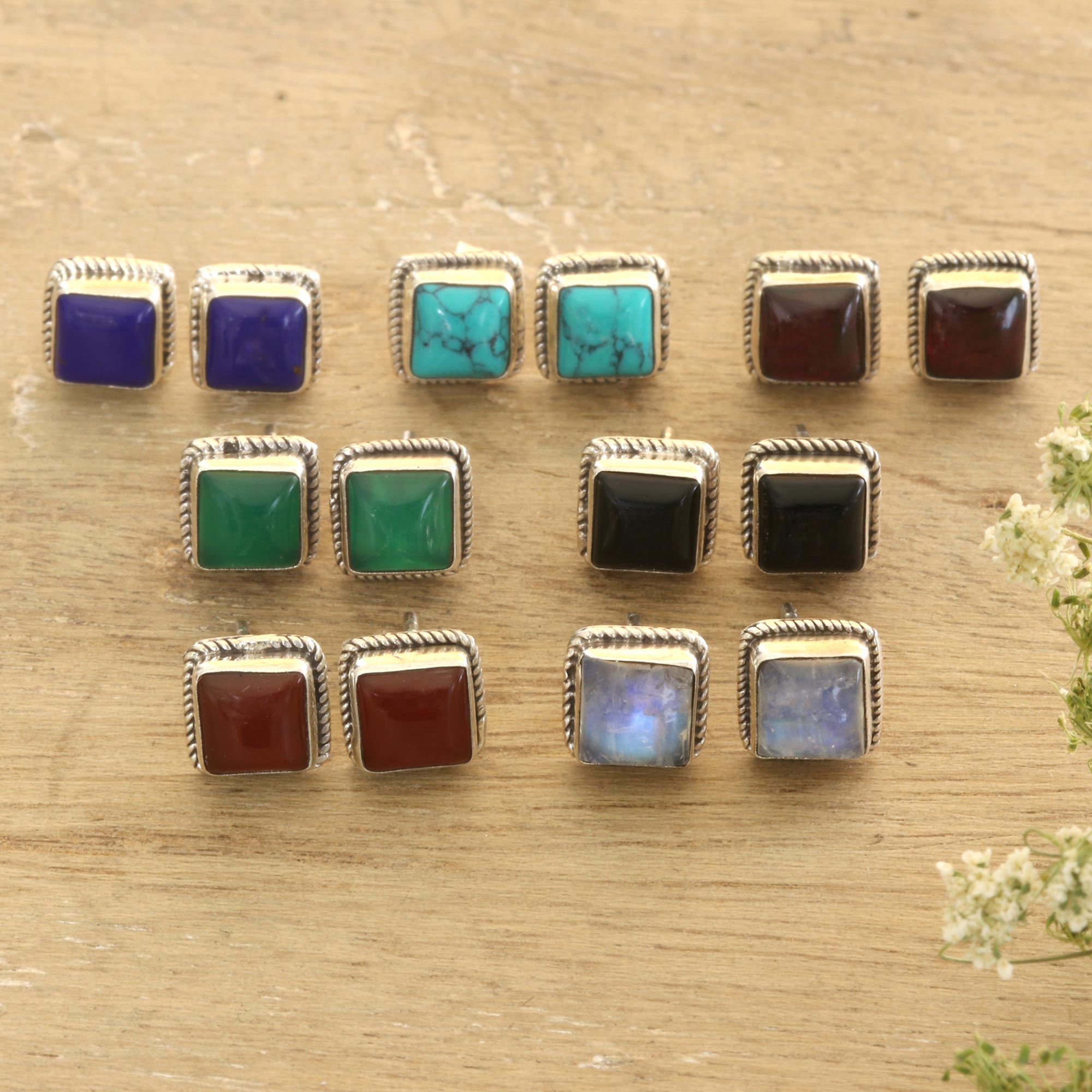 Premium Black Magic Gemstone Stud Earrings - Set of 7 (Handcrafted Elegance)