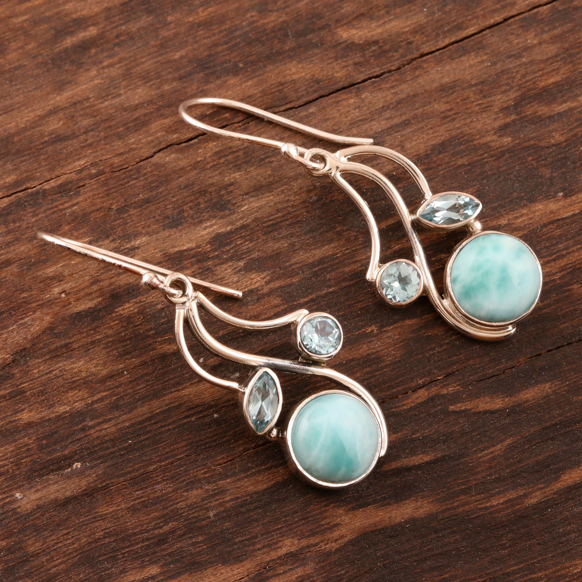 Premium Triple Fascination Blue Topaz & Larimar Dangle Earrings