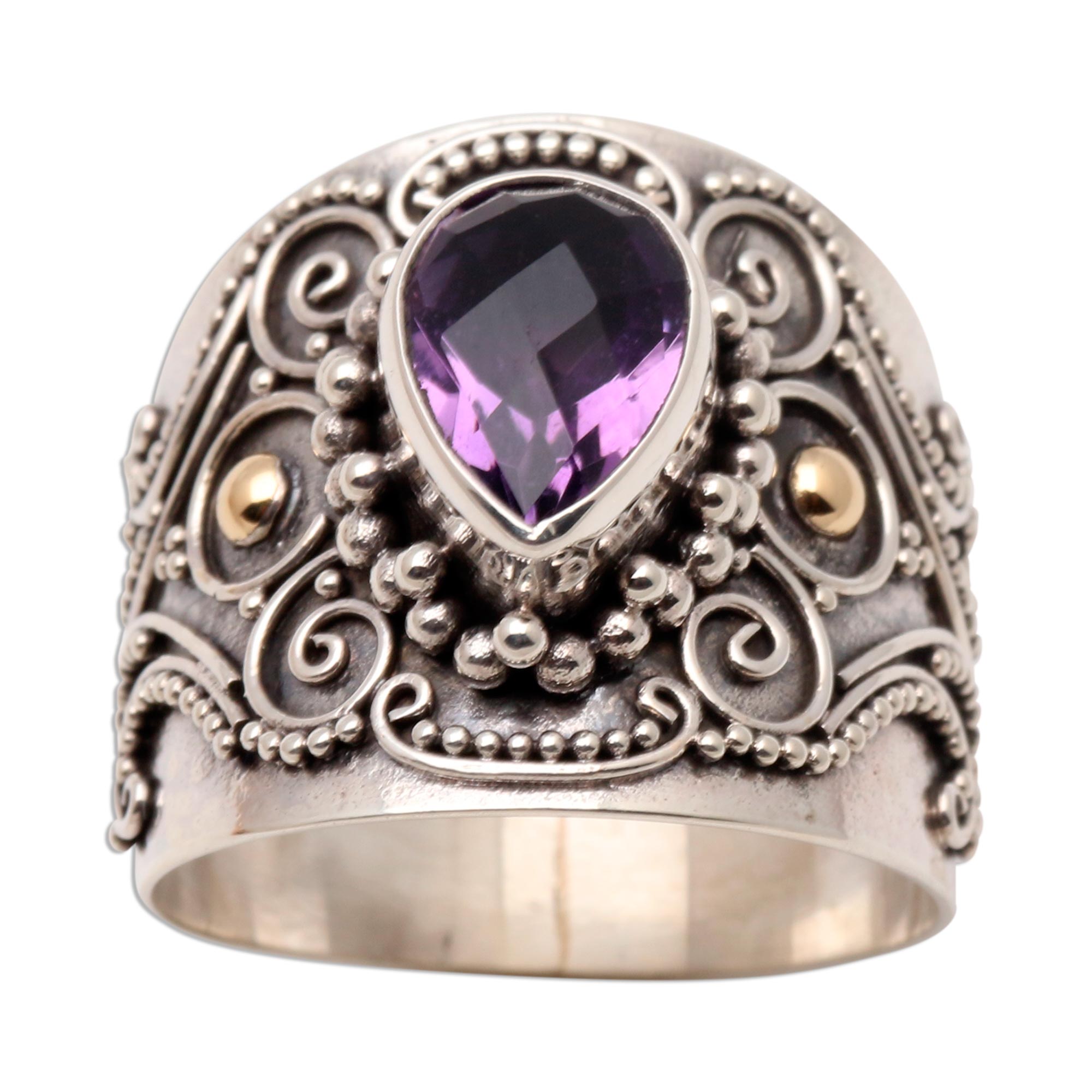 Premium Balinese Amethyst Ring with Gold Accents - Elegant Checkerboard Design