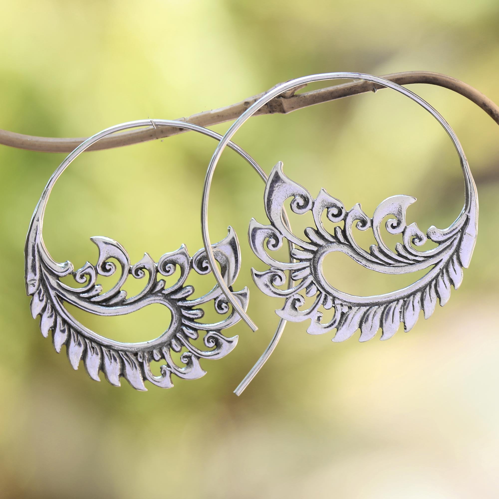 Premium Sterling Silver Paisley Half-Hoop Earrings - Artisan Crafted in Bali