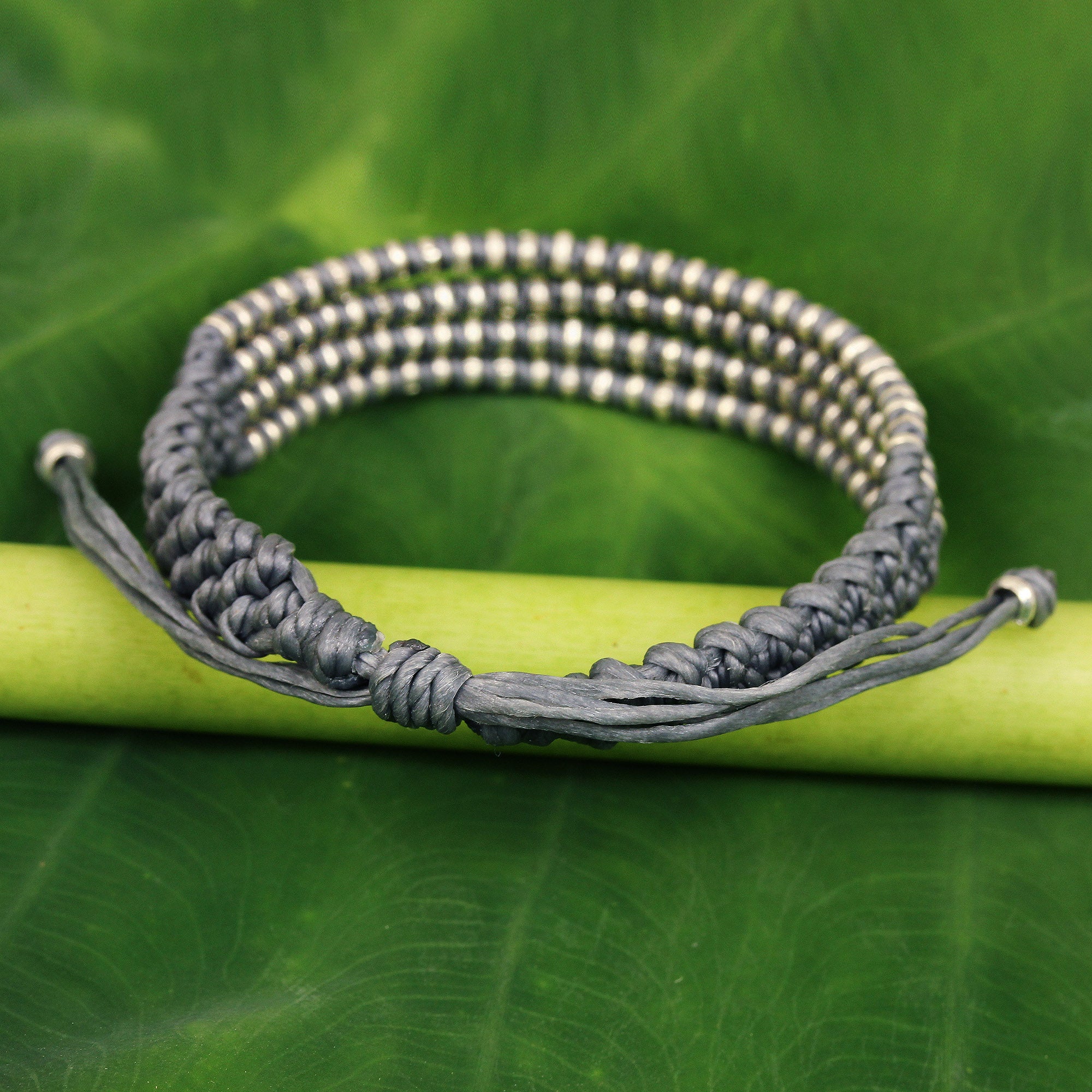 Premium Handcrafted Misty Chiang Mai Quartet Bracelet – Silver & Light Grey Macrame Elegance