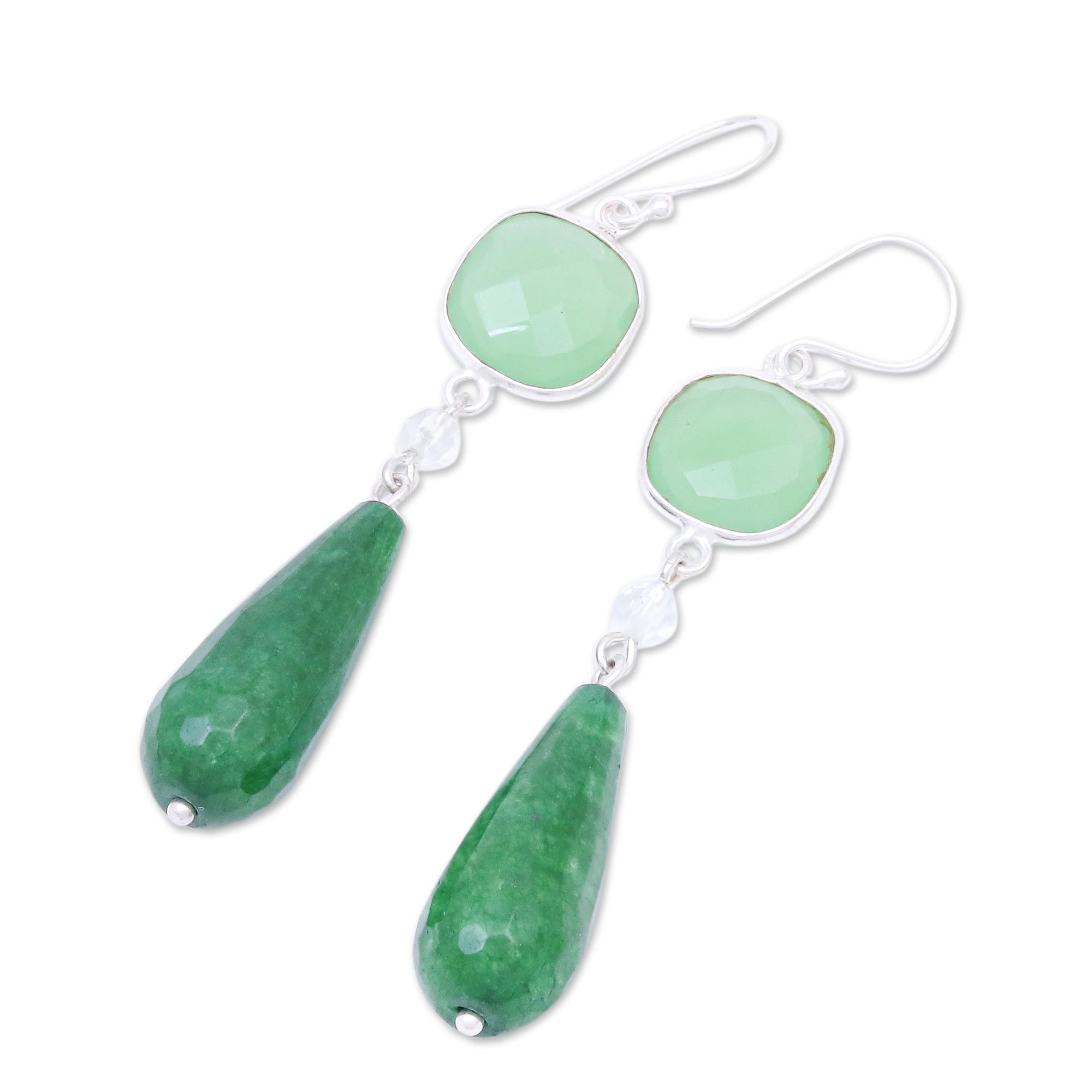 Premium Green Chalcedony & Quartz Dangle Earrings - Ultimate Elegance