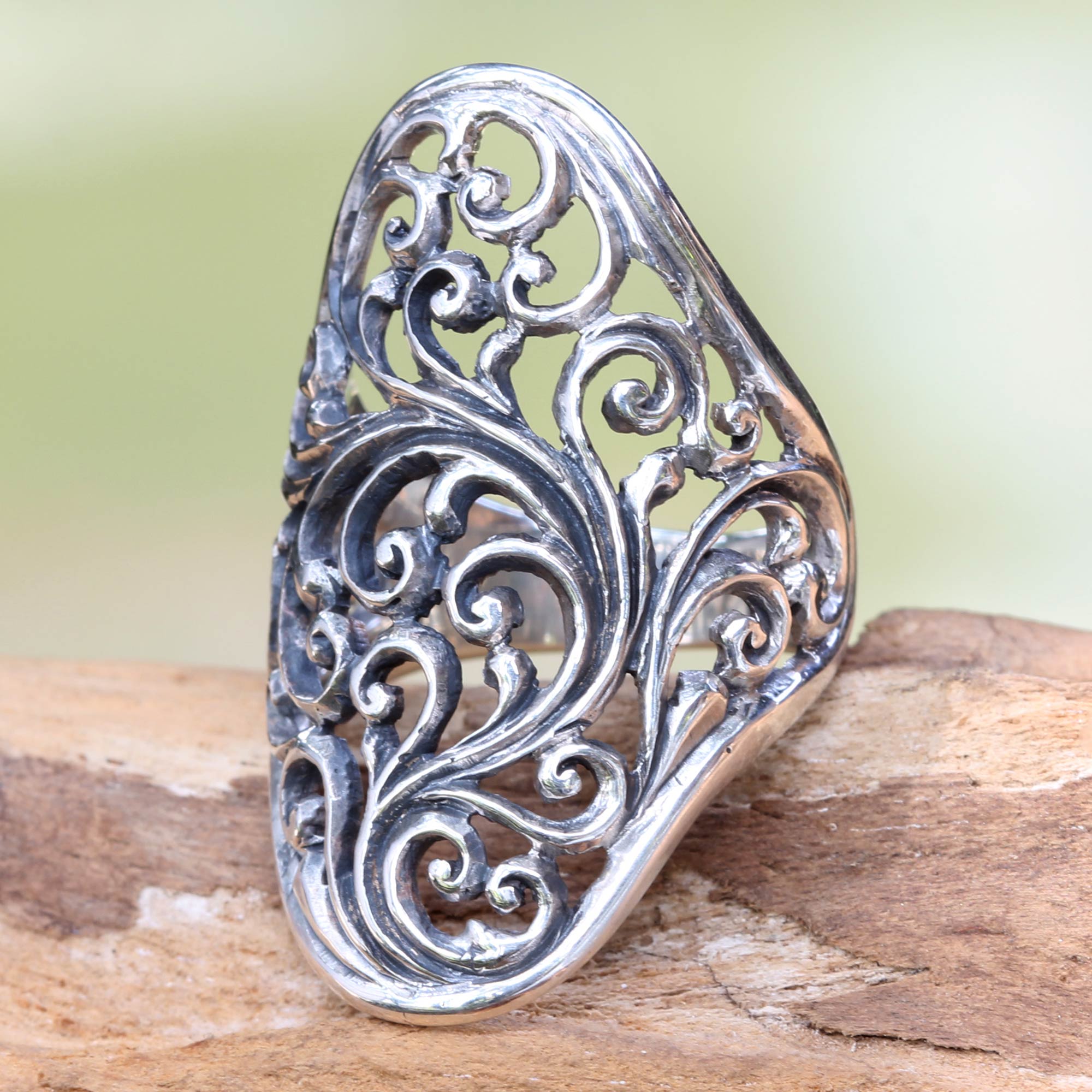 Premium Sukawati Fern Handcrafted Sterling Silver Cocktail Ring - Exquisite Bali Design