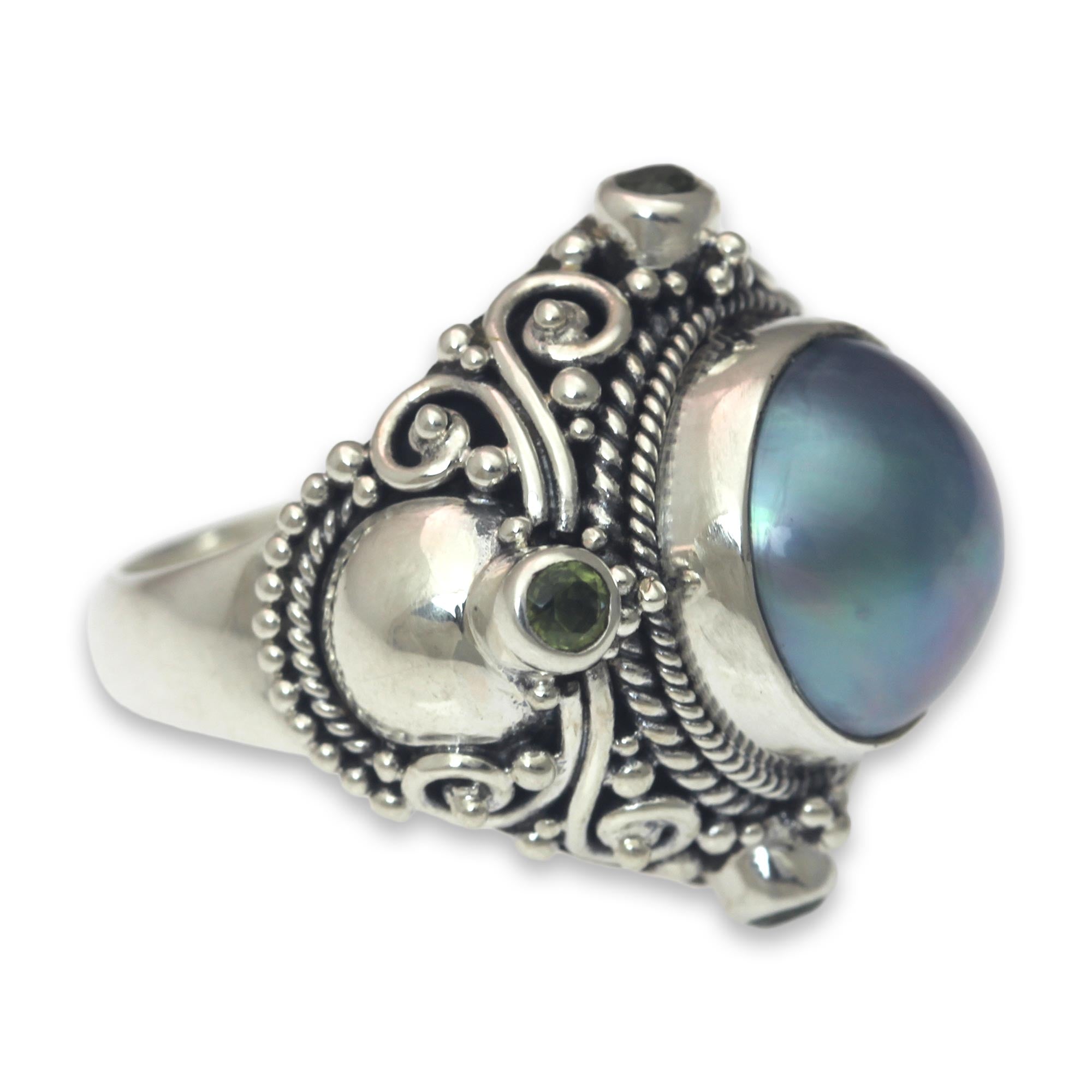 Premium Regal Blue Glory Cocktail Ring with Mabe Pearl & Peridot