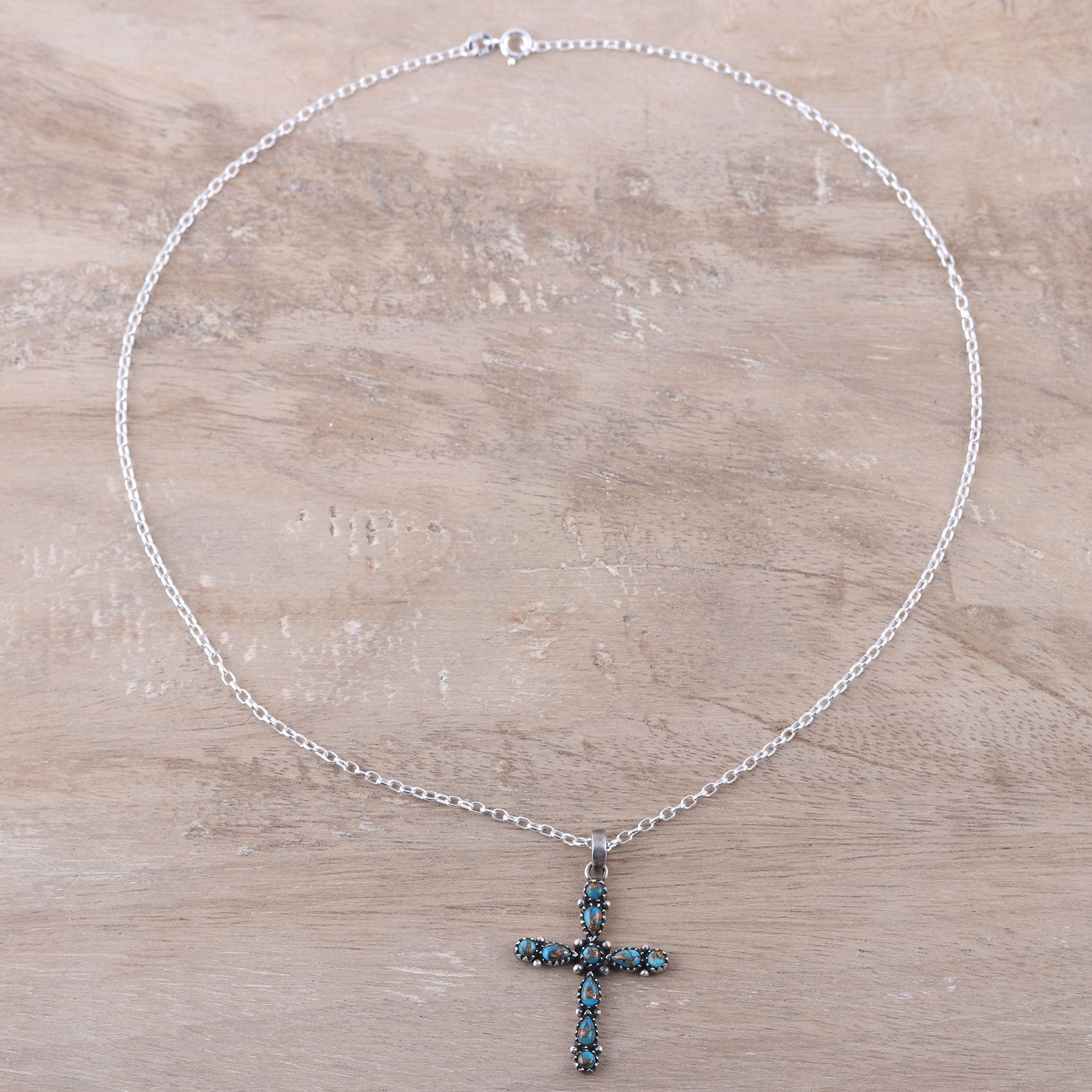 Premium 925 Sterling Silver & Composite Turquoise Cross Pendant Necklace