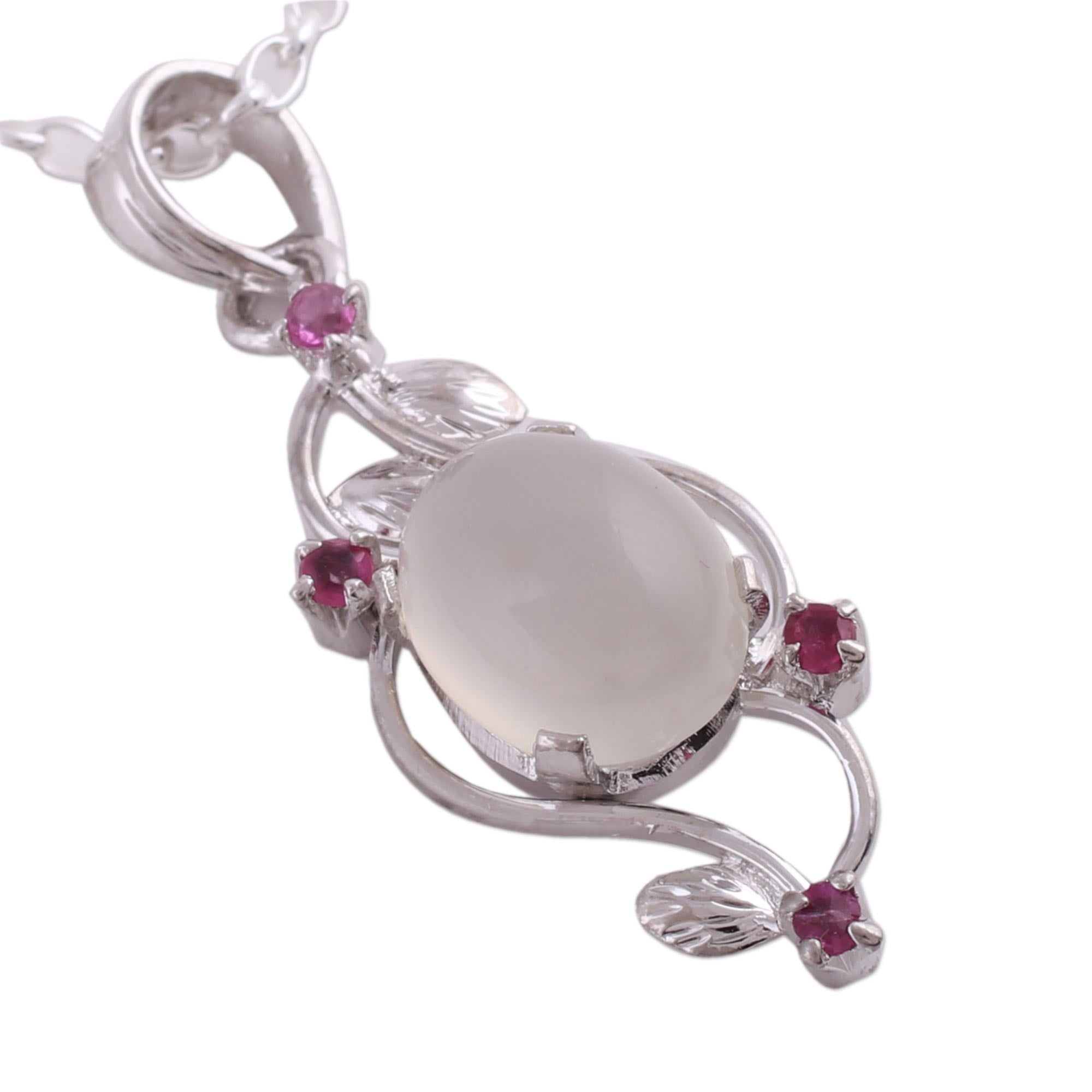 Premium Moonstone & Ruby Pendant Necklace - Elegant Sterling Silver Jewelry