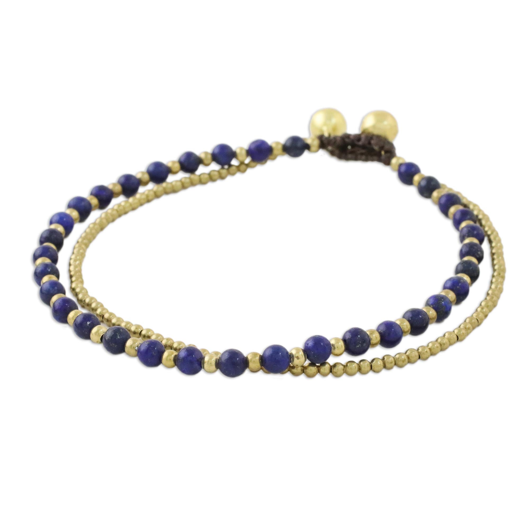 Premium Lapis Lazuli & Brass Adjustable Anklet with Bells - Handcrafted in Thailand