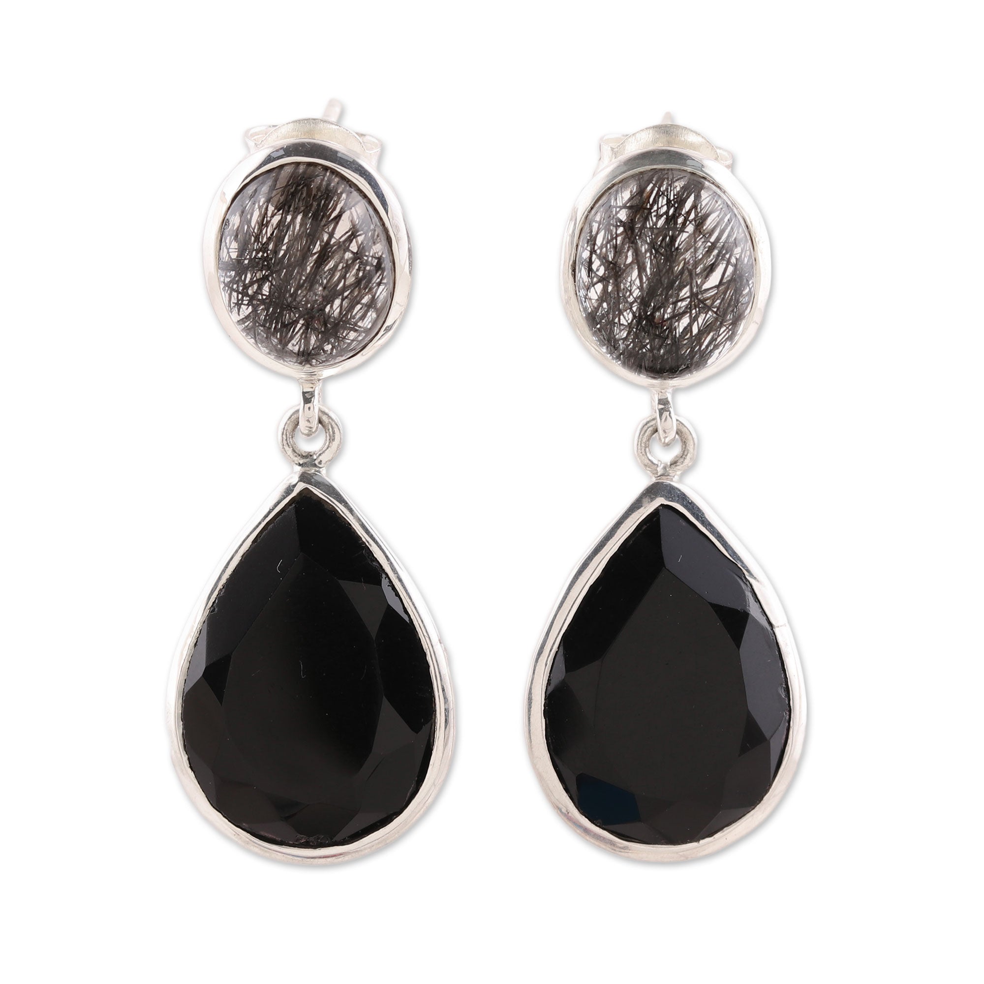 Premium Alluring Onyx & Tourmalinated Quartz Dangle Earrings