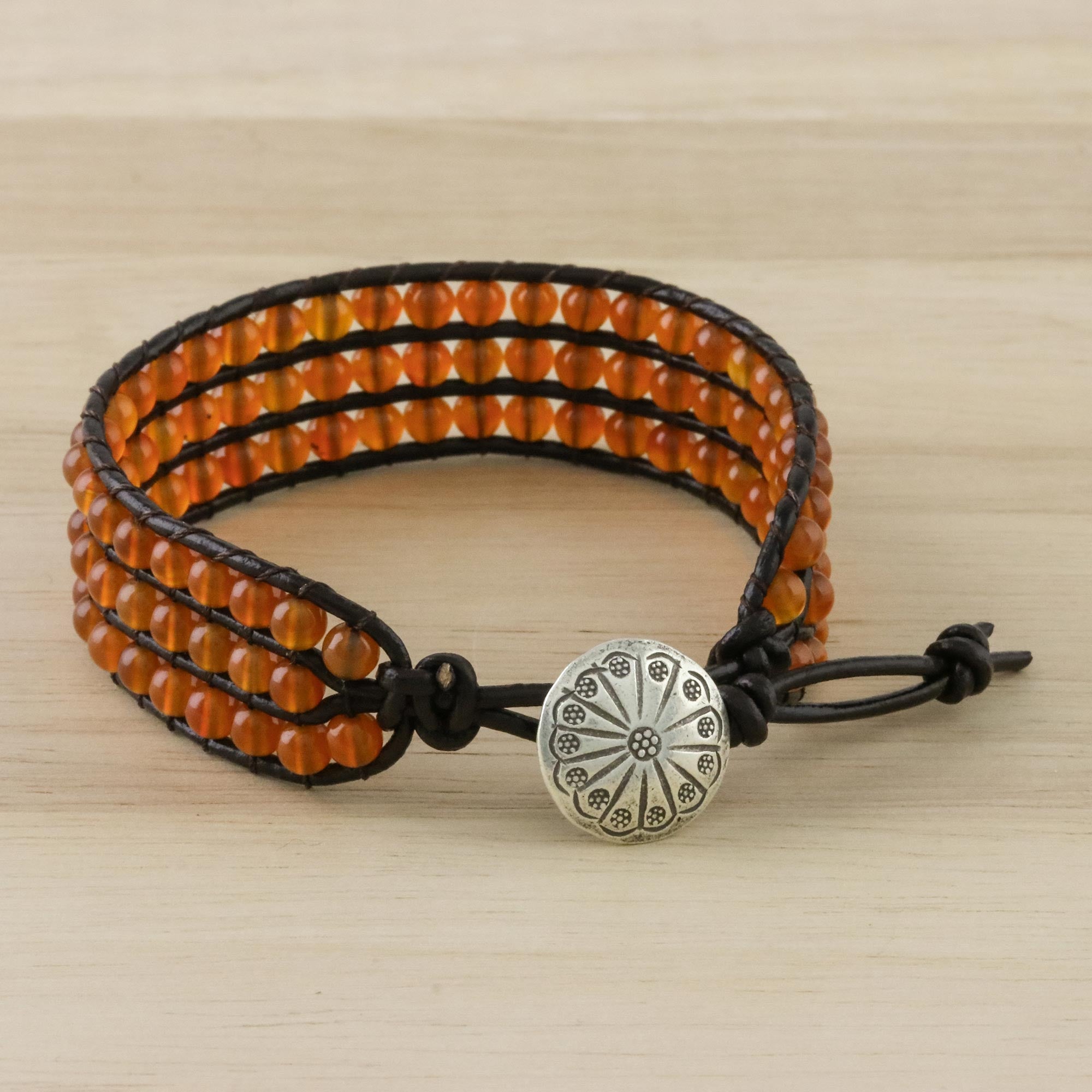 Premium Carnelian Bead & Karen Silver Button Adjustable Leather Bracelet