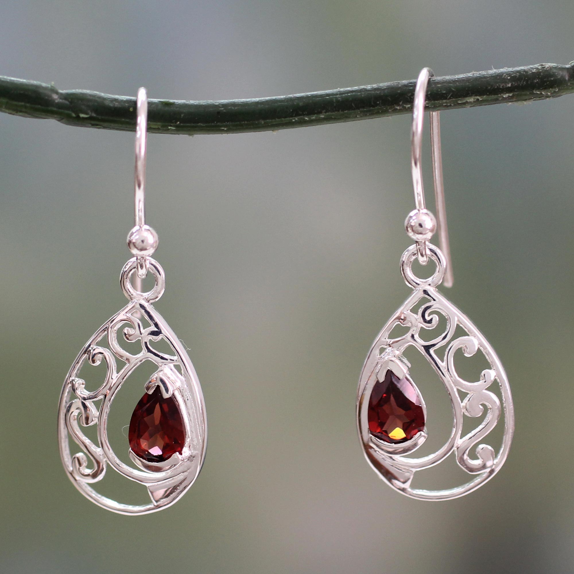 Premium Sterling Silver Garnet Halo Earrings - Handcrafted in India