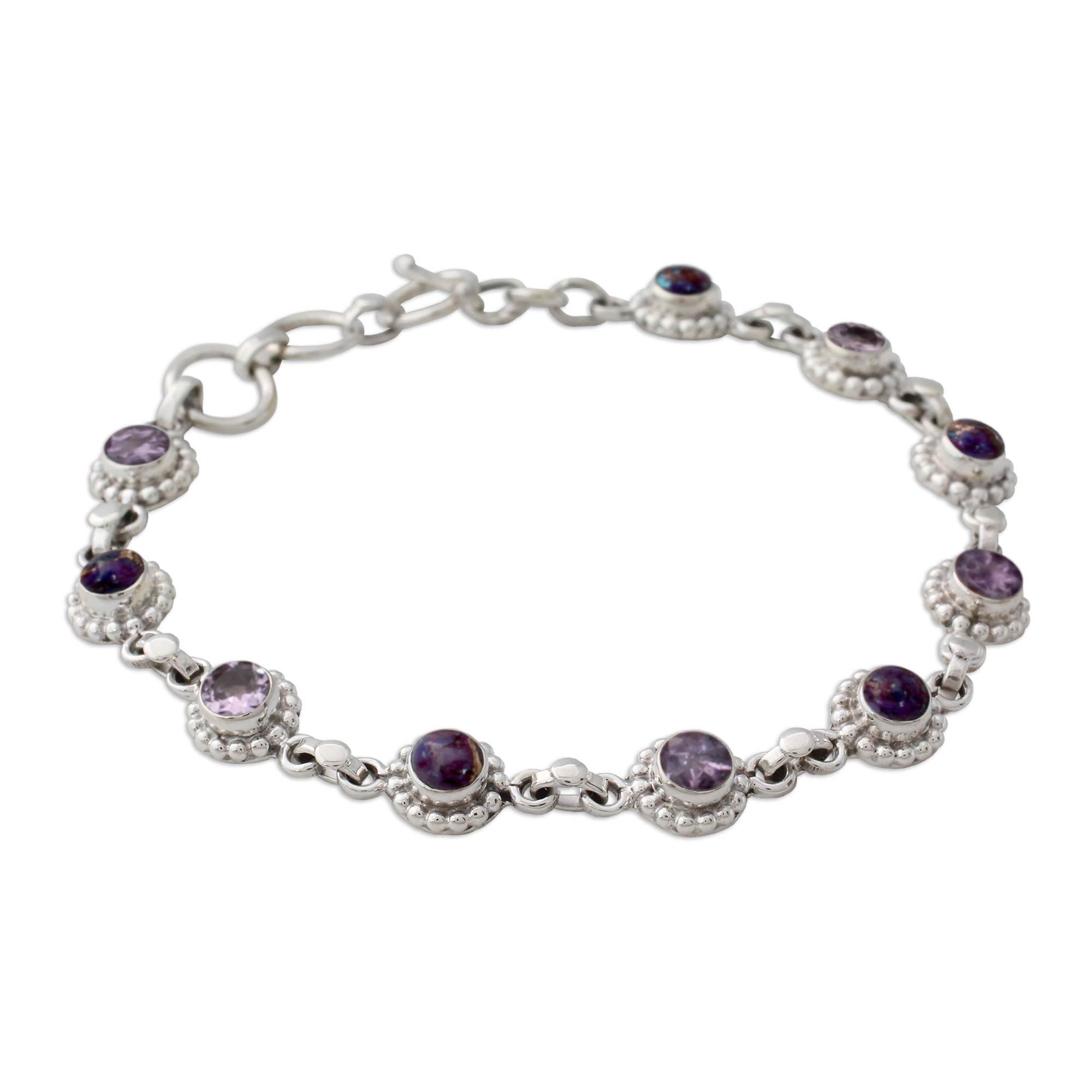 Premium Petite Floral Amethyst & Turquoise Sterling Silver Bracelet