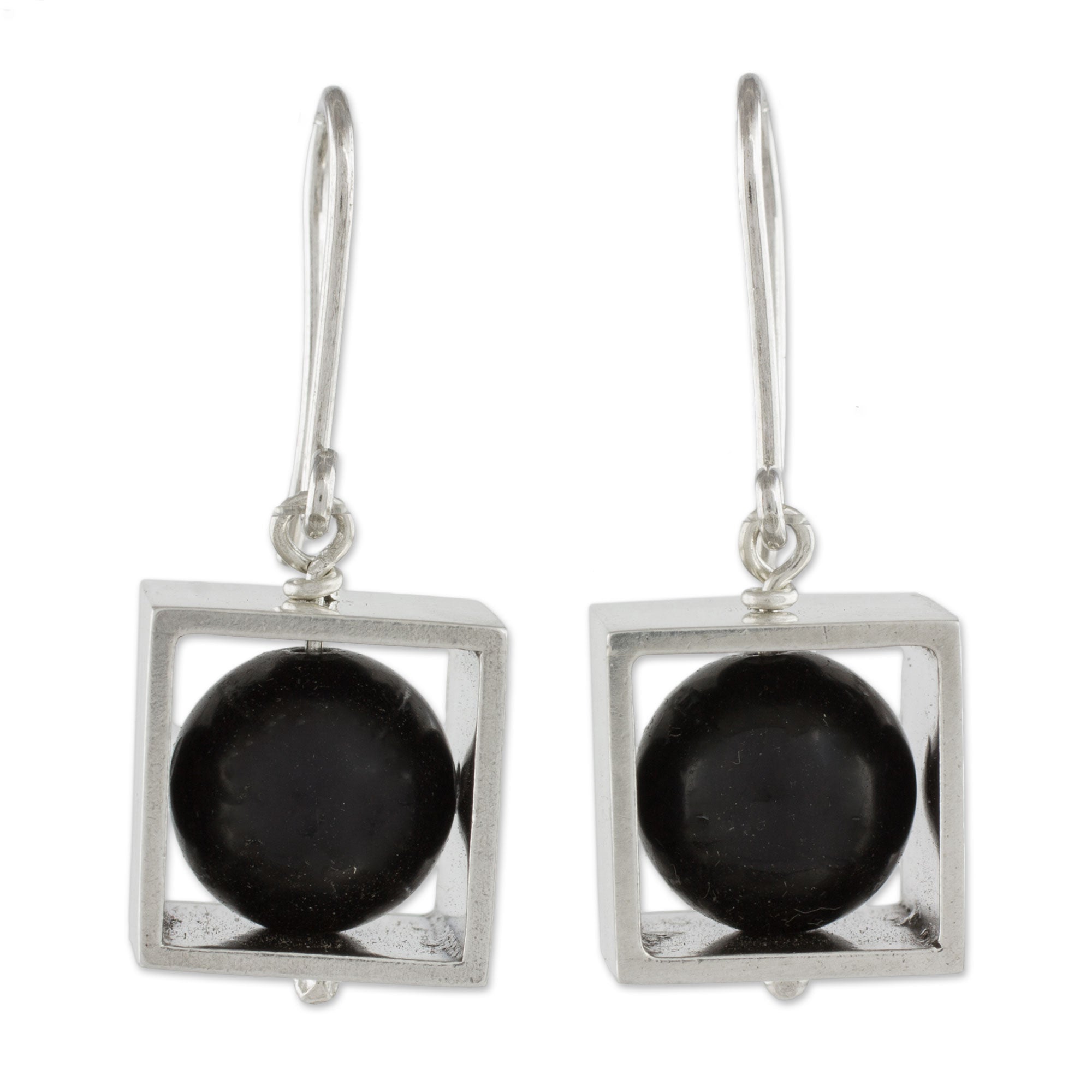 Premium Sterling Silver Square Frame Earrings with Onyx Orb Dangle