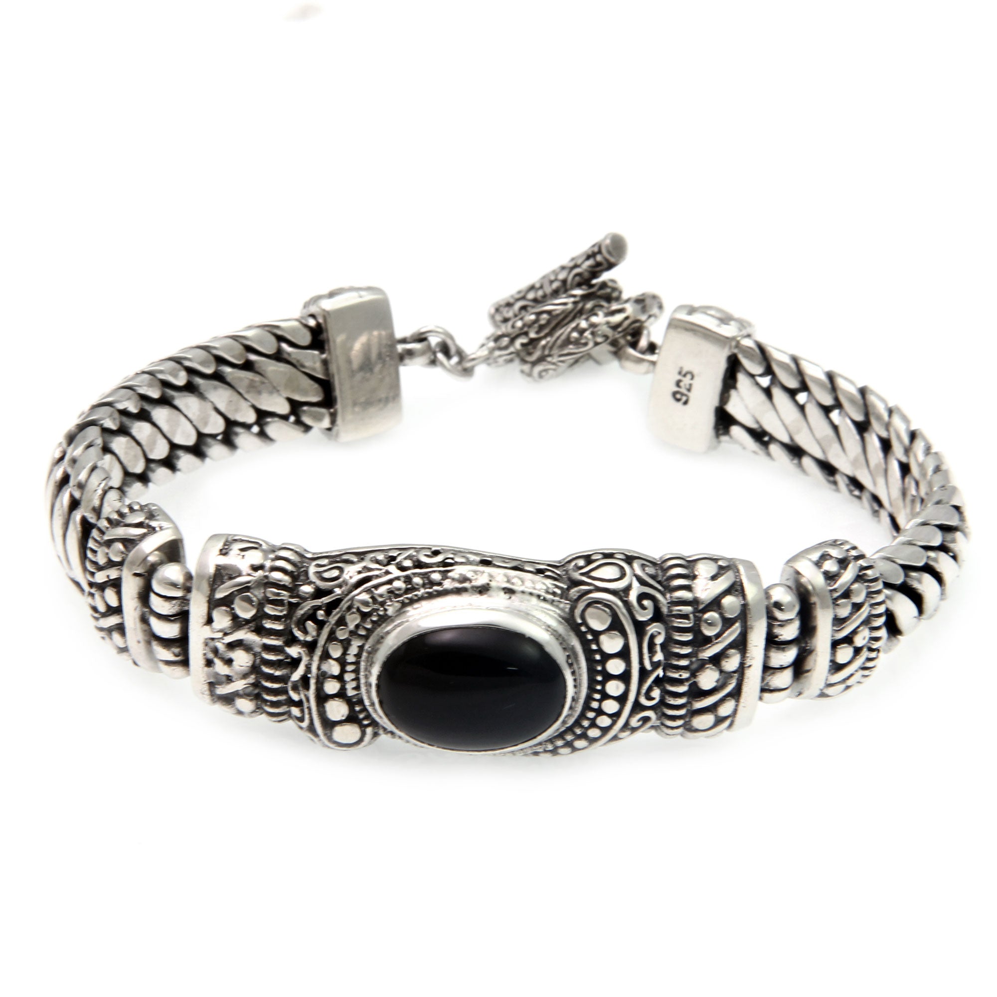 Premium Royal Bali Onyx & Silver Chain Bracelet - Handcrafted Elegance