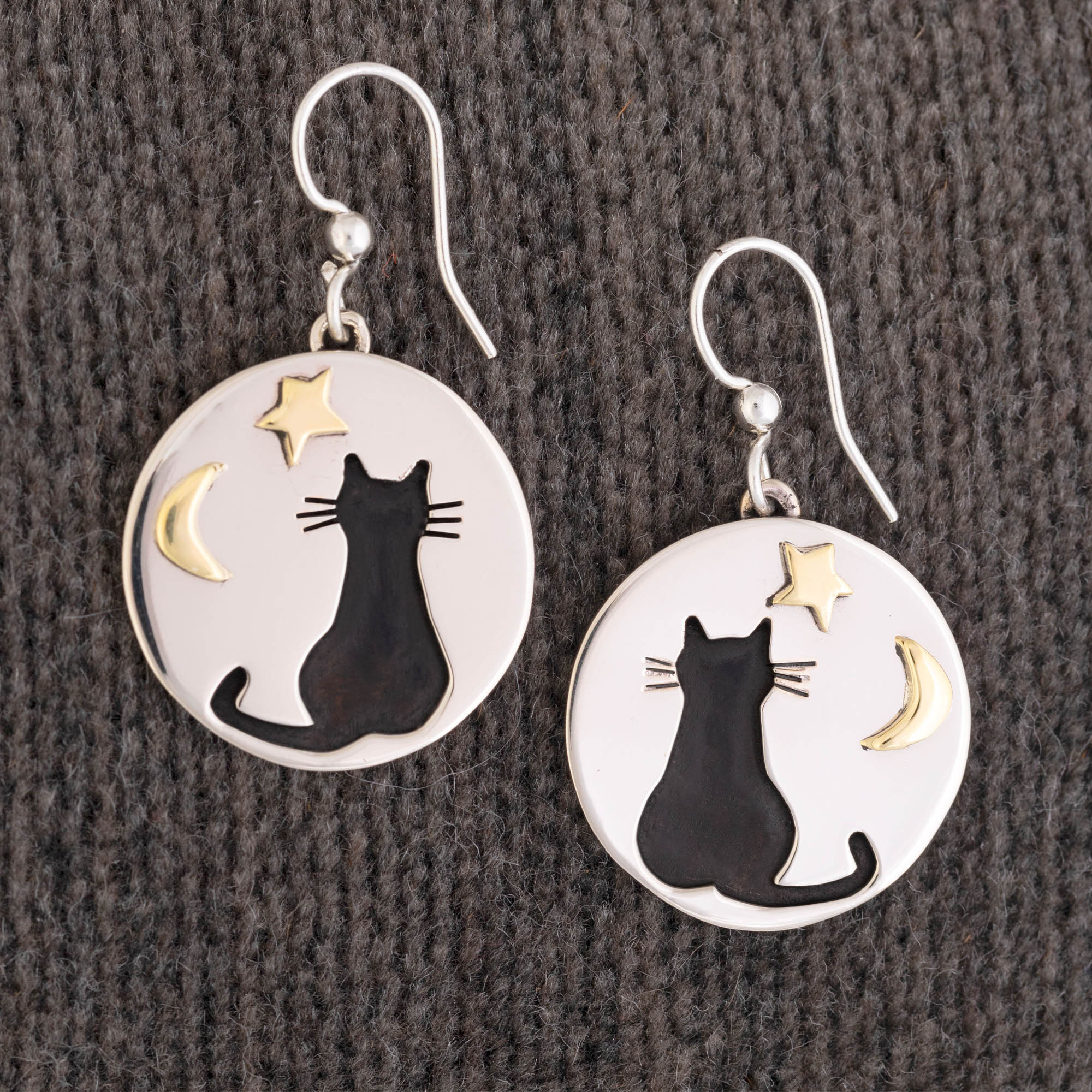 Premium Moonlight Kitty Cat Mixed Metal Earrings - Handcrafted Elegance