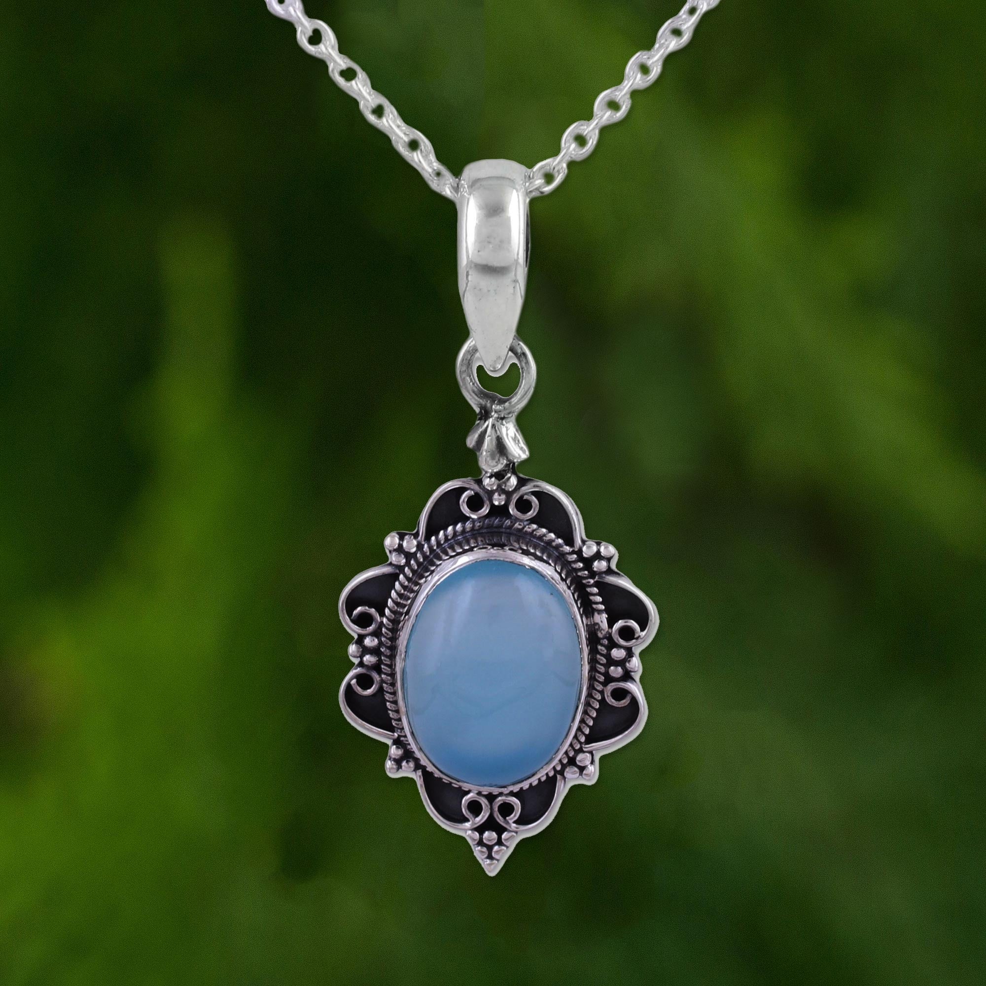 Premium Blue Damsel Chalcedony Pendant Necklace – Sterling Silver Elegance