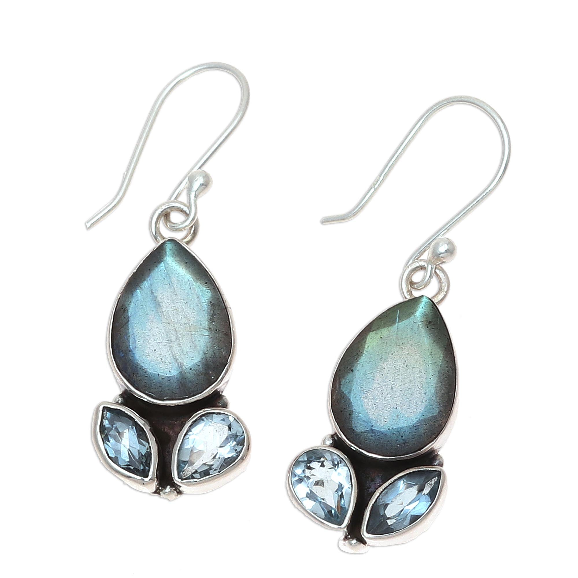 Premium Misty Rain Labradorite & Blue Topaz Sterling Silver Dangle Earrings