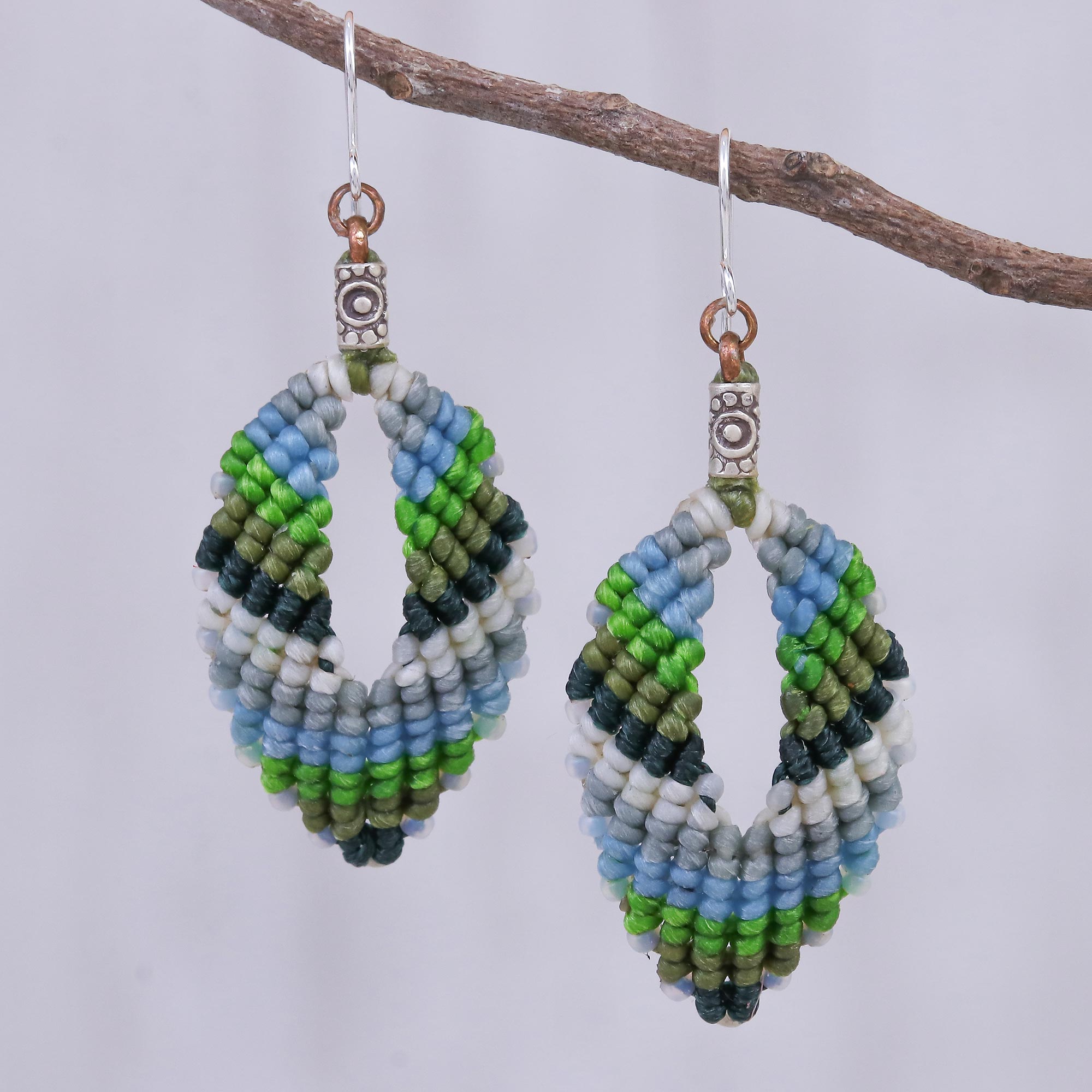 Premium Boho Blue-Green Macrame Dangle Earrings with Silver Beads