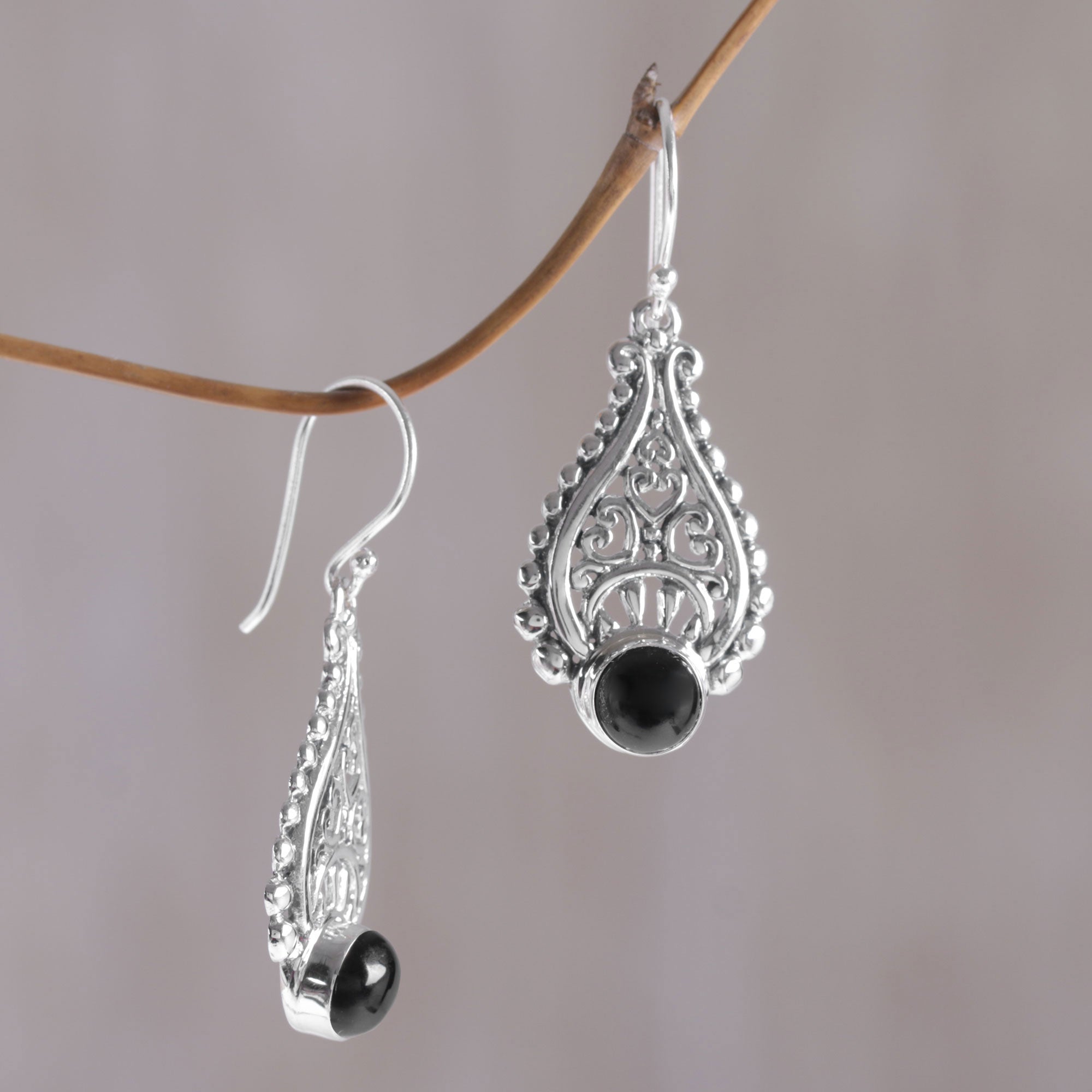 Premium Black Onyx and Sterling Silver Teardrop Earrings - Handcrafted in Bali