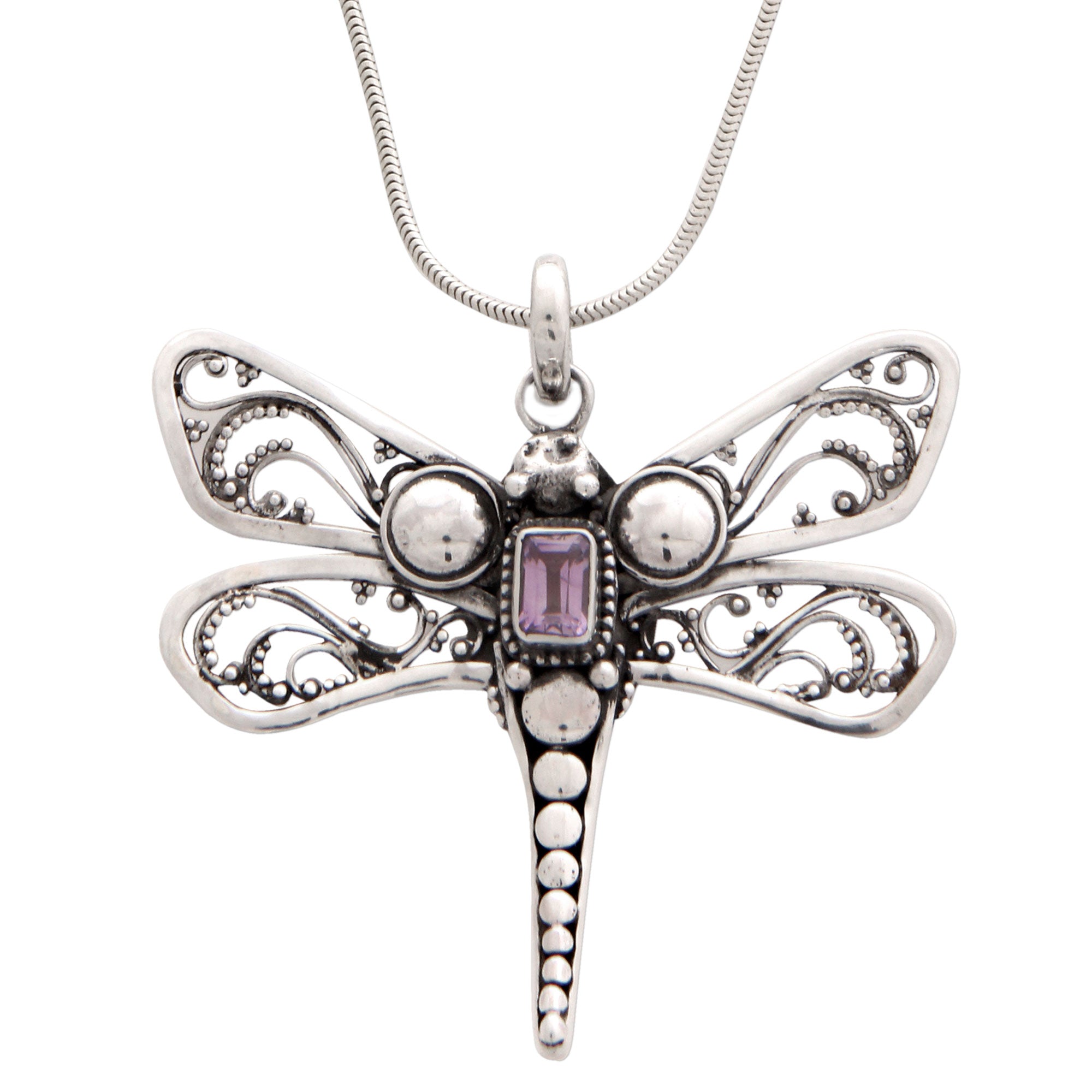 Premium Lavender Dragonfly Amethyst Sterling Silver Necklace - Handmade in Bali