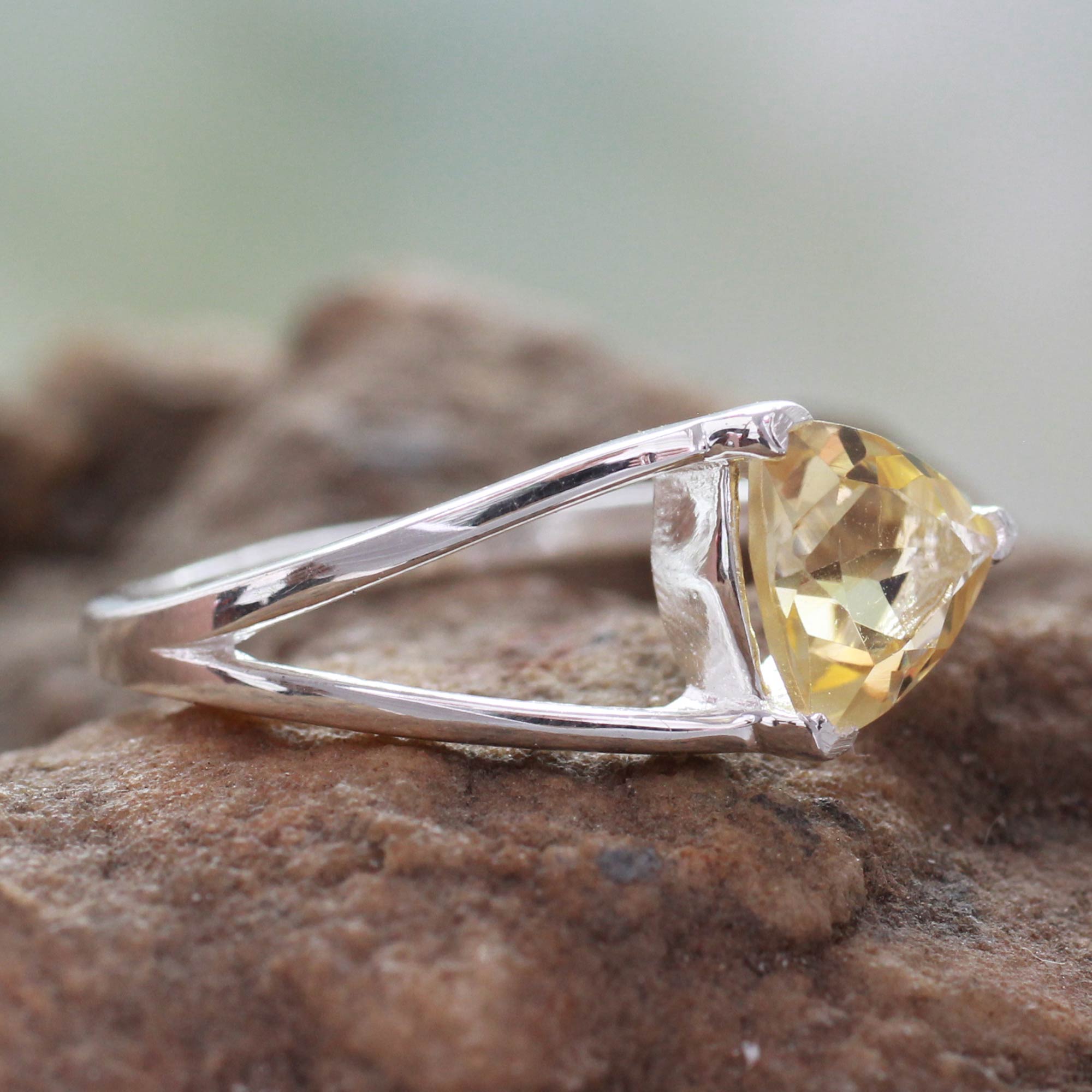 Premium Triangle Citrine Solitaire Ring in Sterling Silver