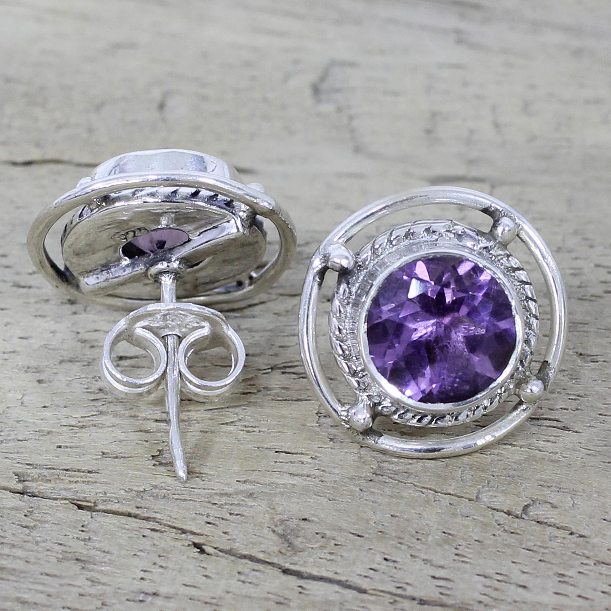 Premium Amethyst Wheel Stud Earrings – Handmade Sterling Silver