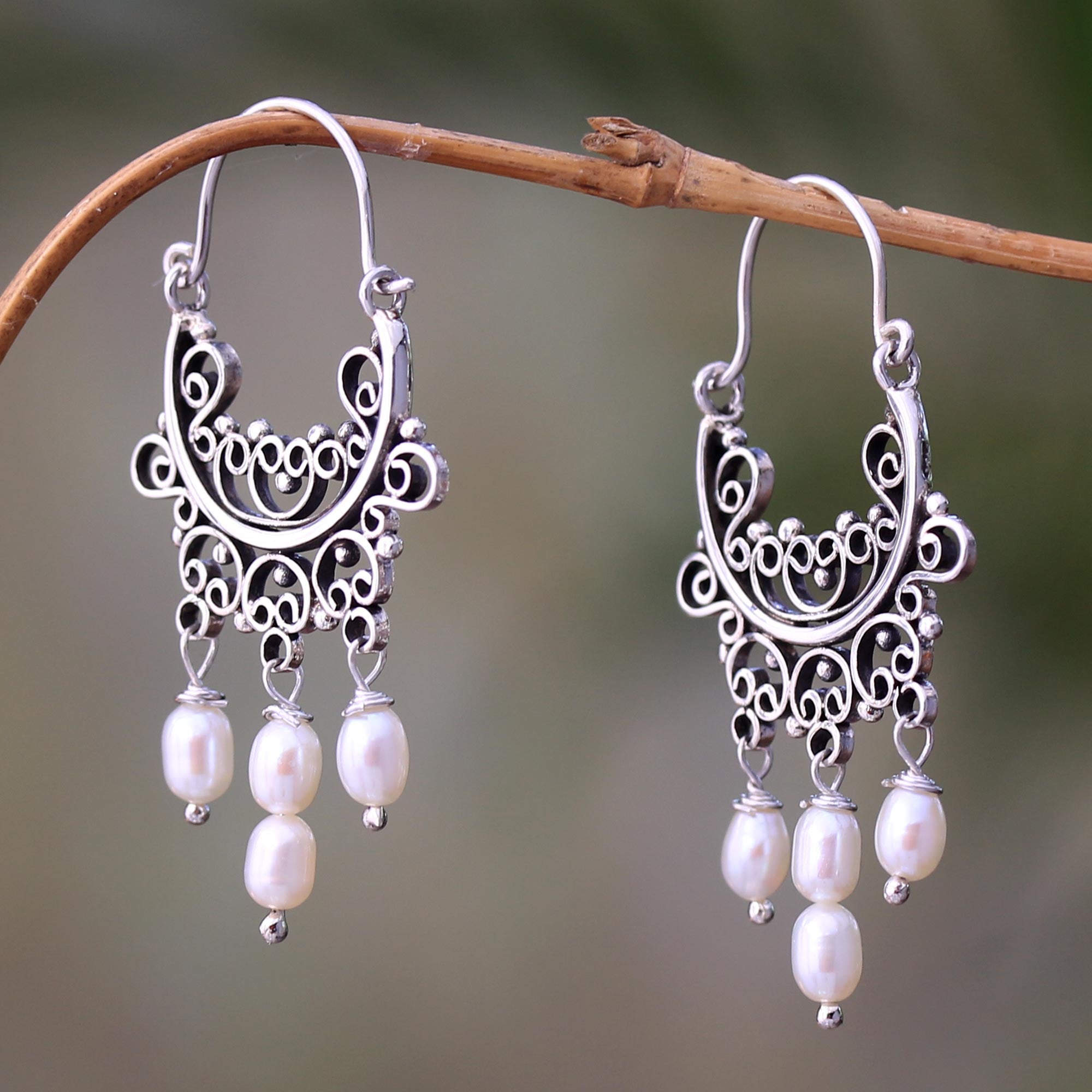 Premium Silver-White Cultured Pearl Chandelier Earrings | Handcrafted in Bali