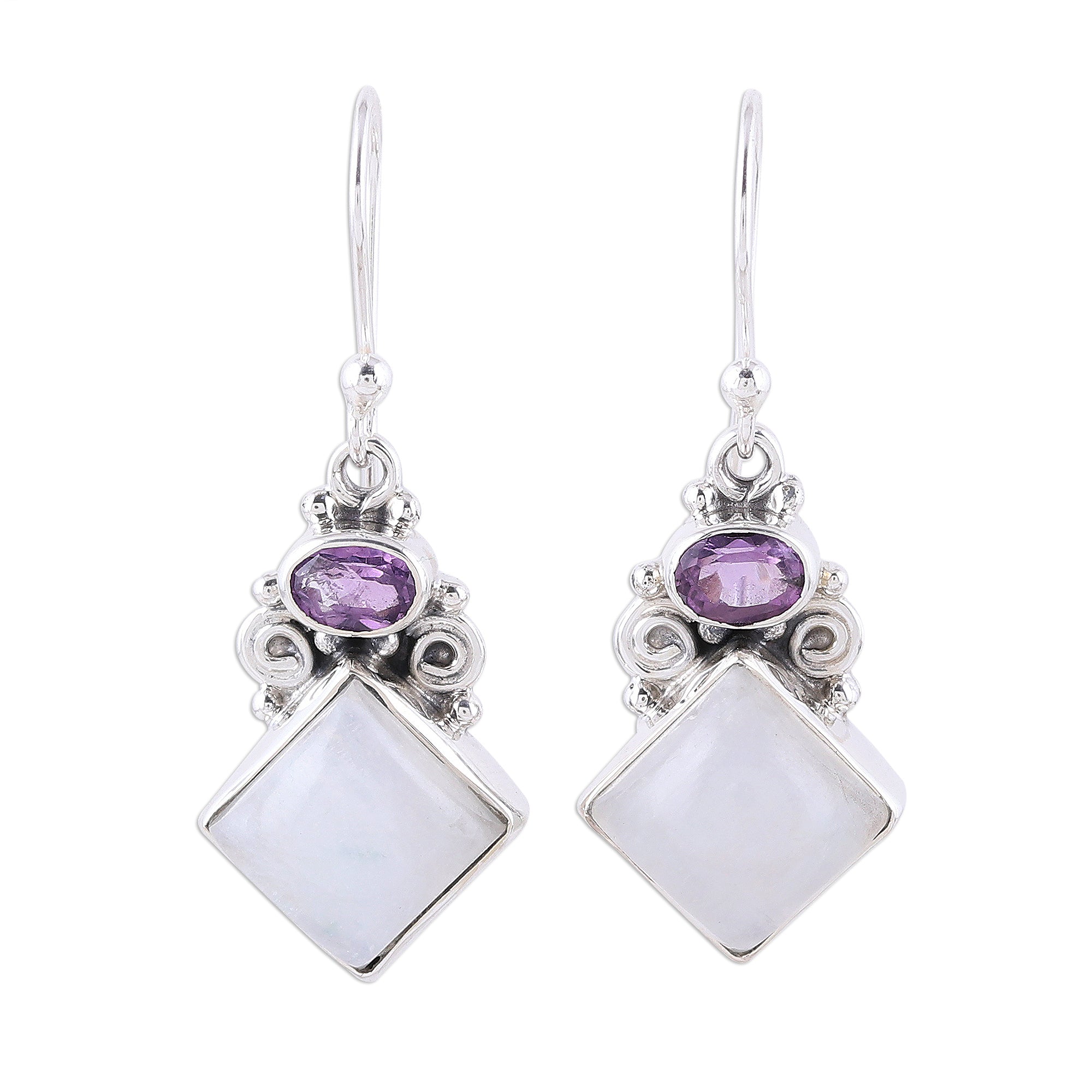 Premium Sterling Silver Rainbow Moonstone & Amethyst Dangle Earrings