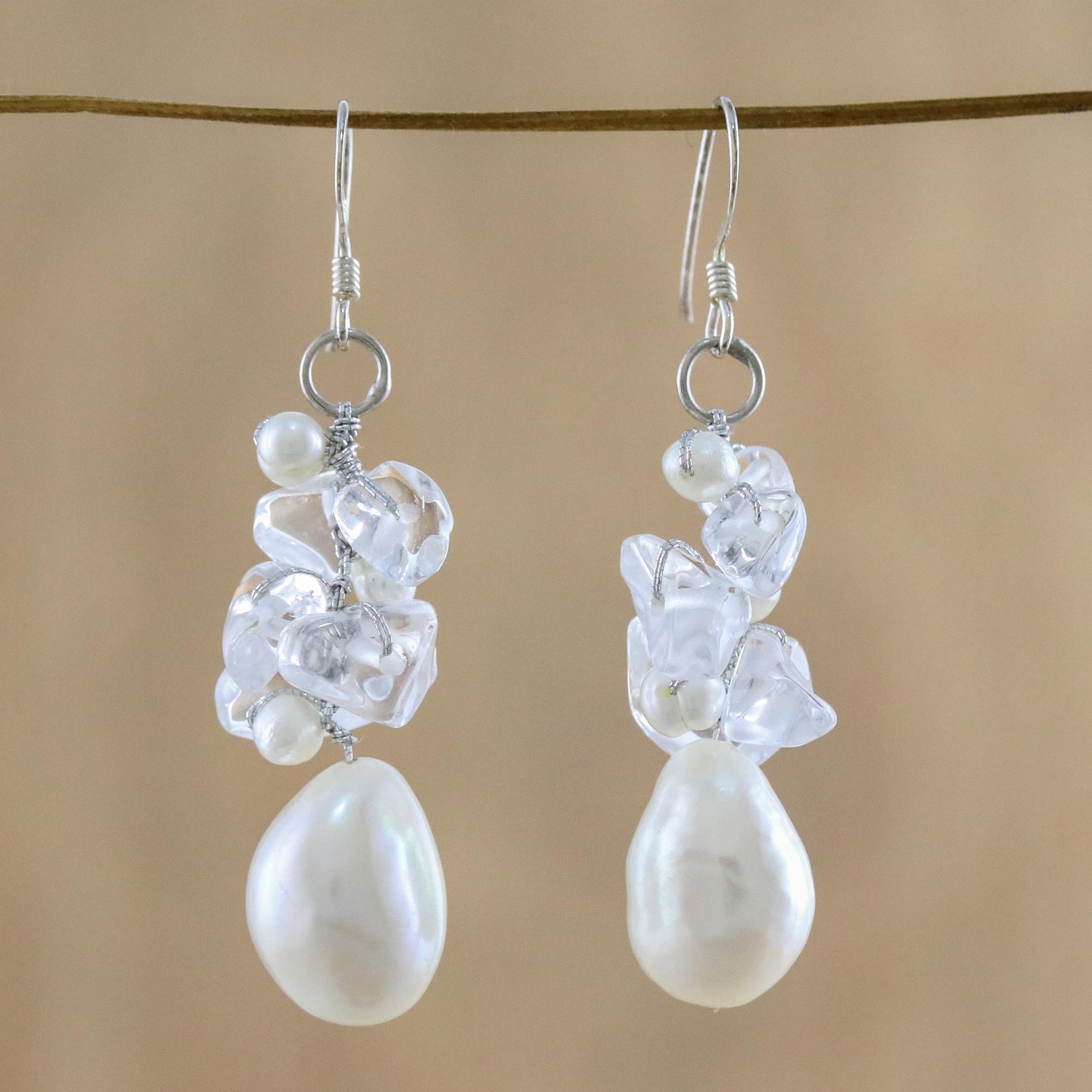 Premium Icicles Pearl & Quartz Cluster Earrings – Handcrafted Elegance