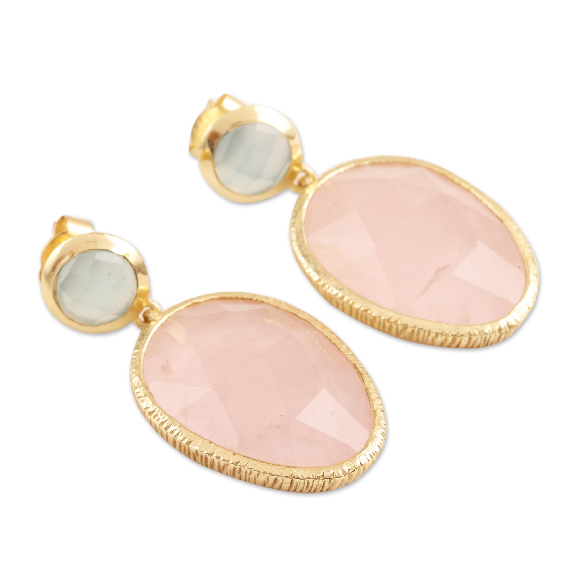 Ultimate Sparkling Muse Gold Plated Rose Quartz & Chalcedony Dangle Earrings