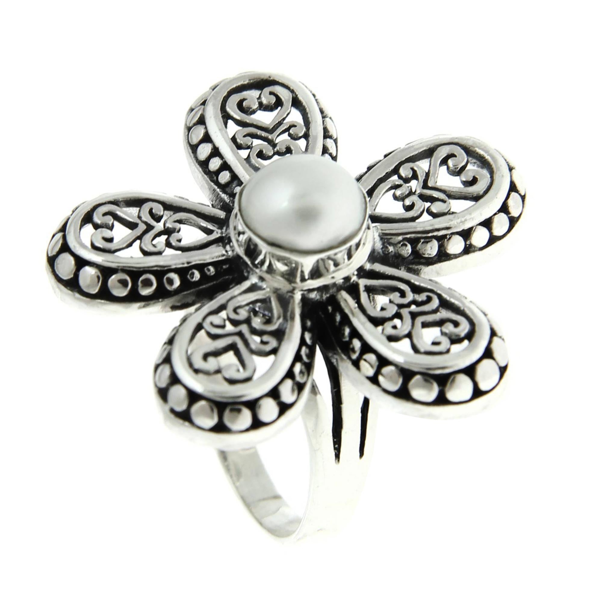 Premium White Plumeria Cultured Pearl & Sterling Silver 925 Flower Ring