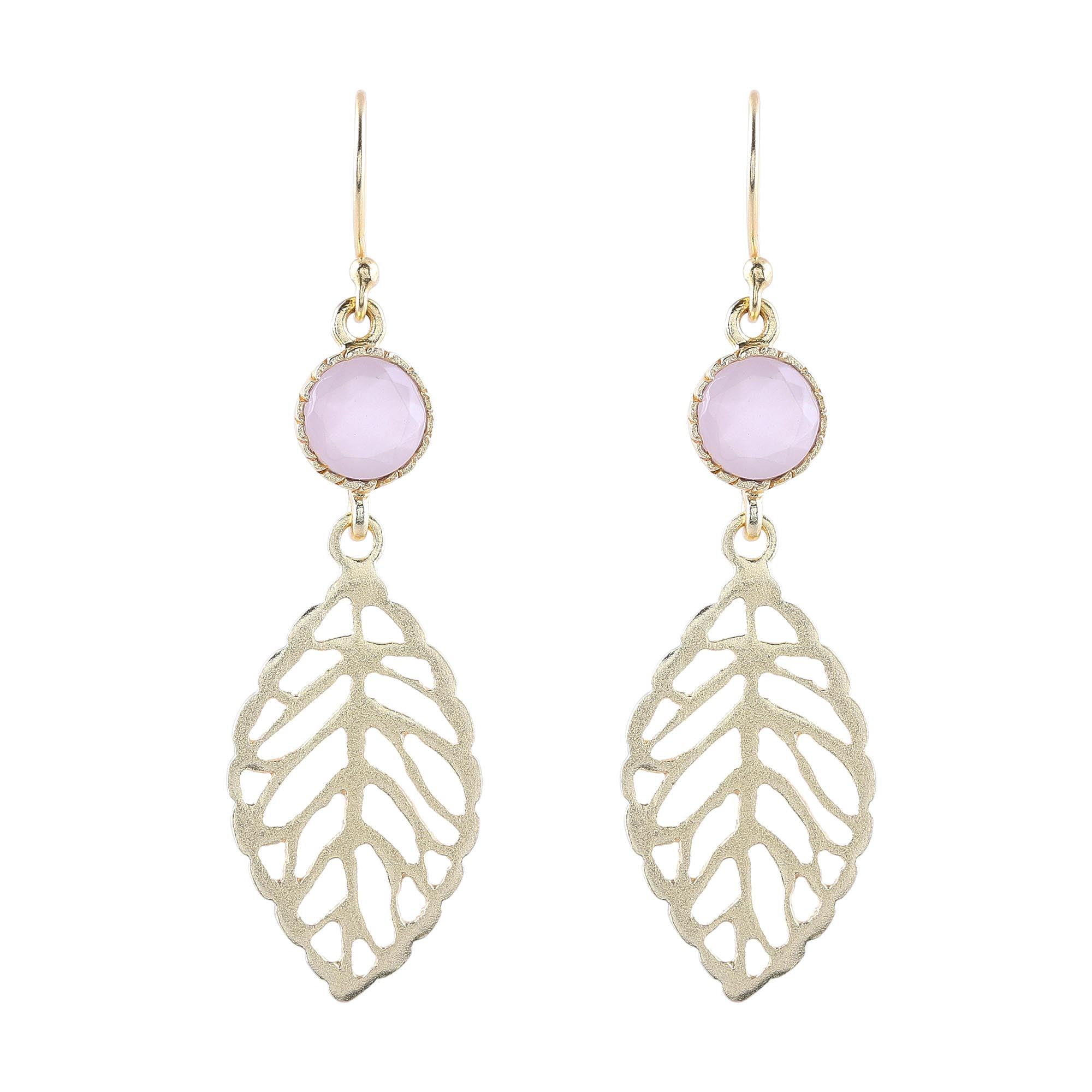 Premium Jaipur Gold Plated Rose Quartz Leaf Dangle Earrings