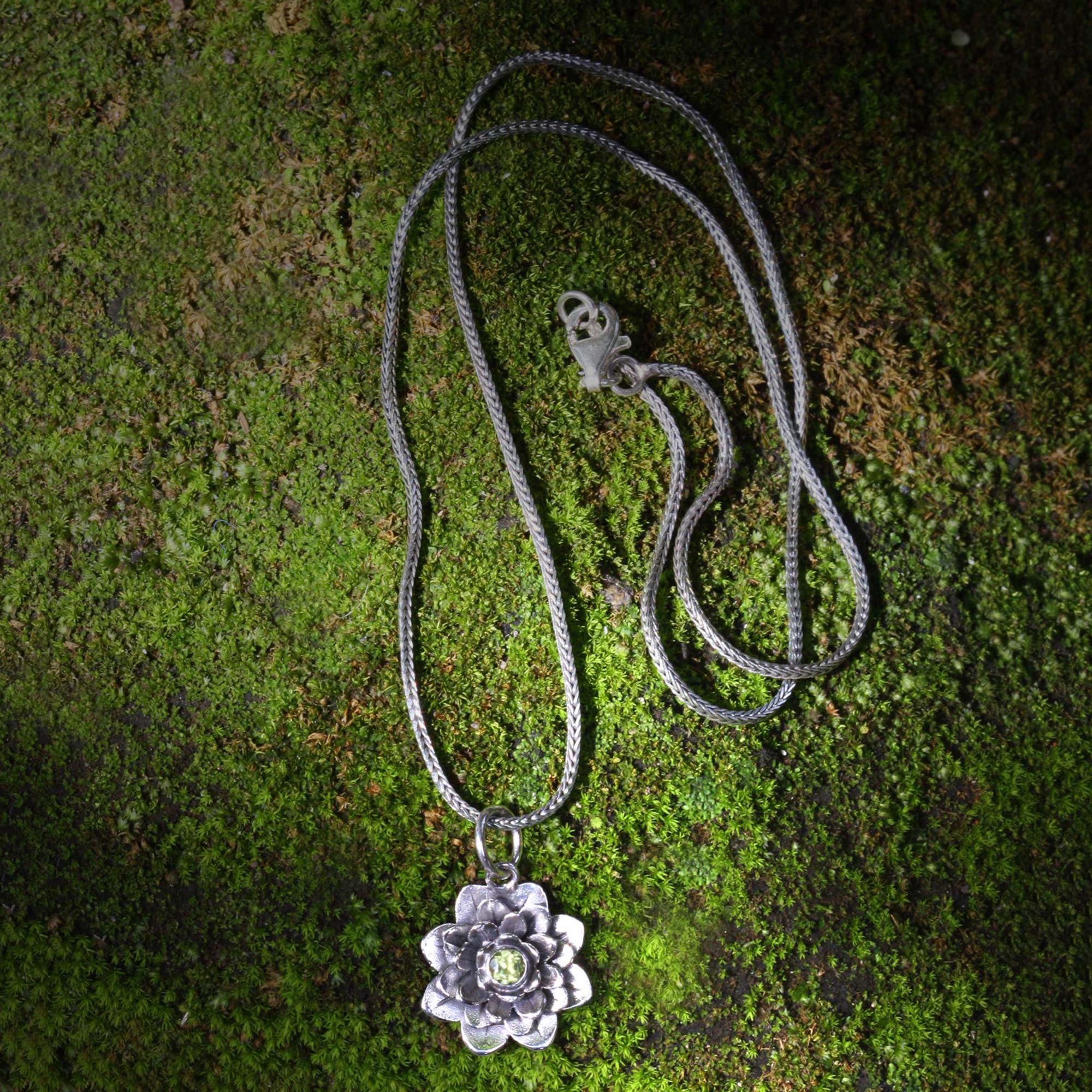 Premium Sacred Green Lotus Sterling Silver Pendant Necklace with Peridot