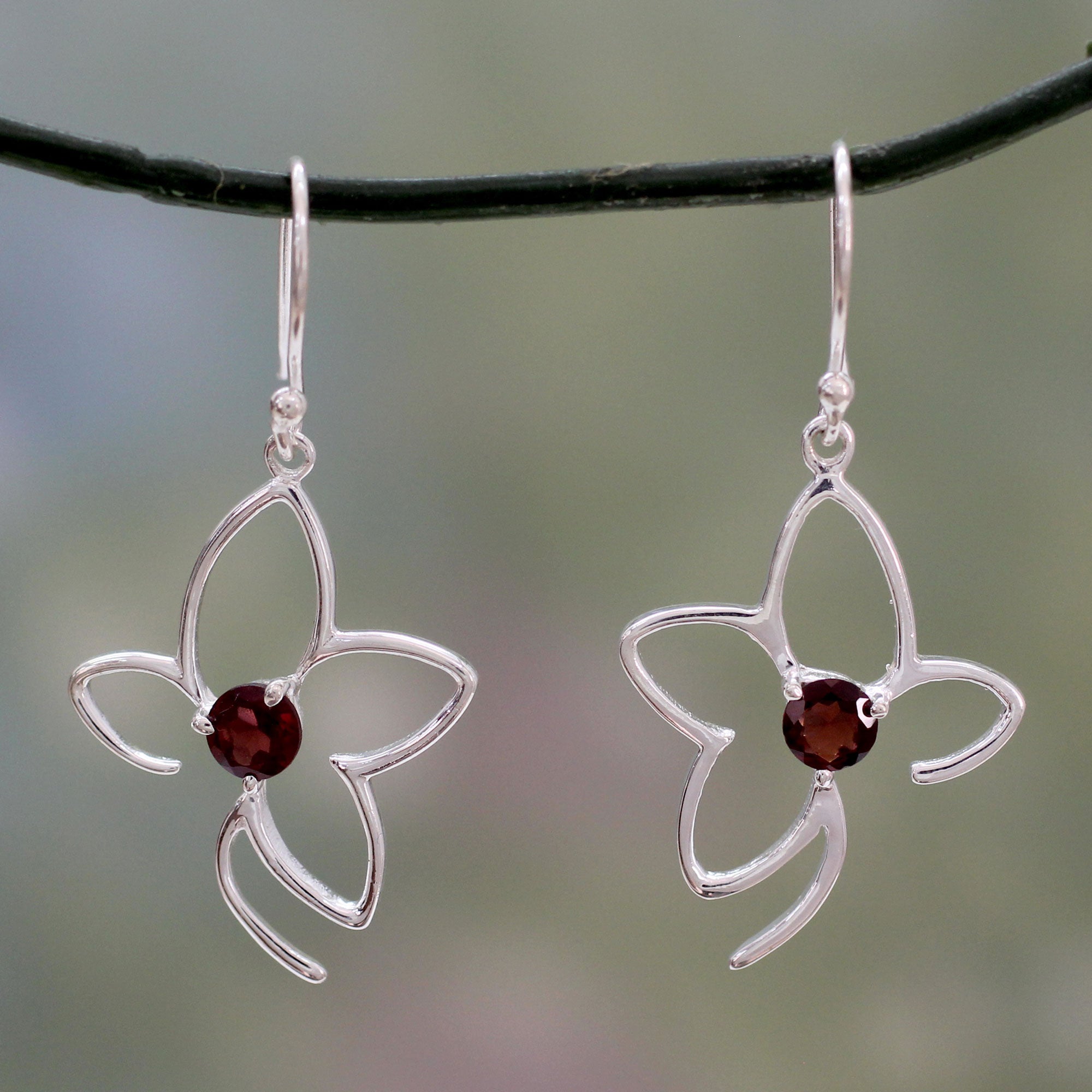 Premium Sweet Flower Garnet Dangle Earrings - Handcrafted Sterling Silver