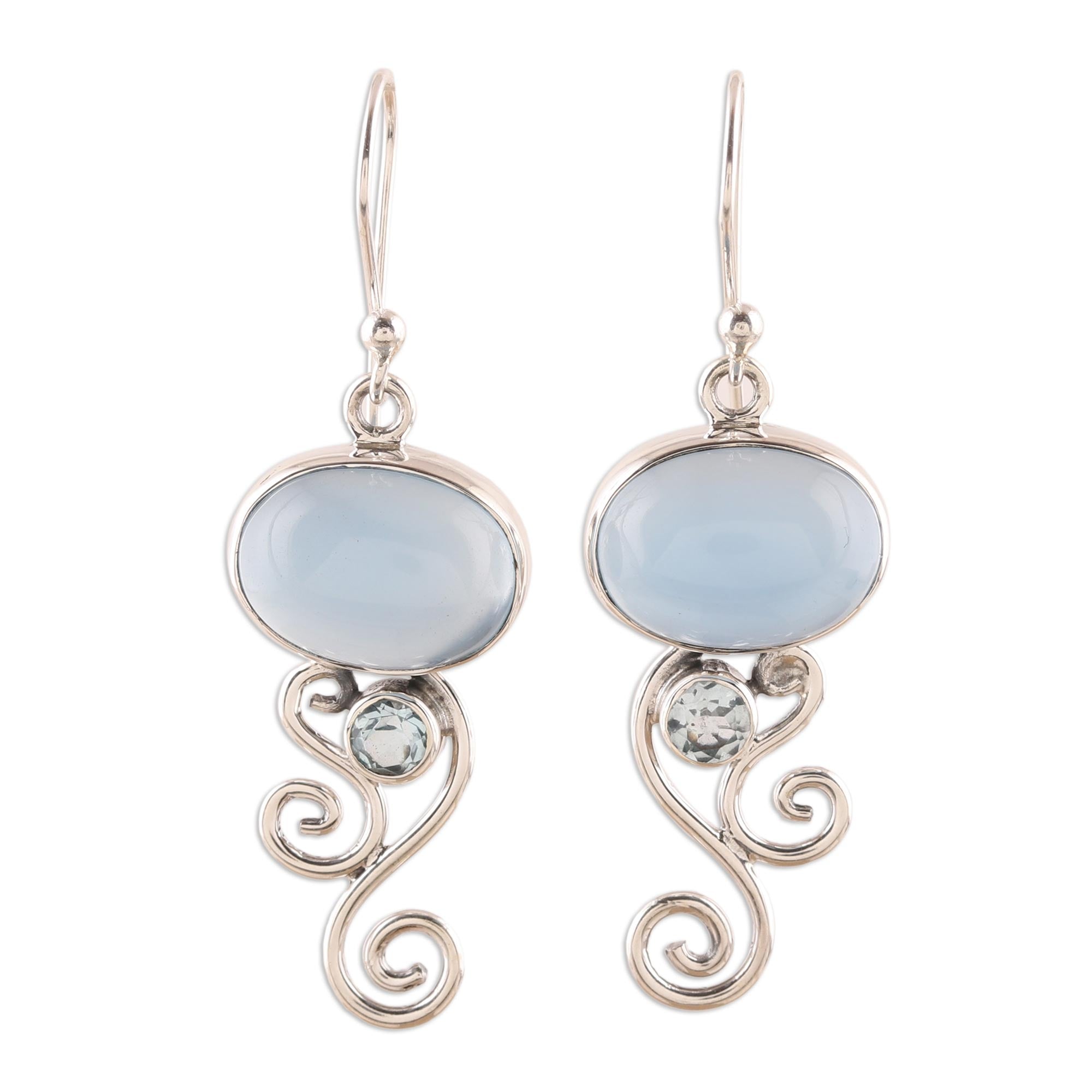 Premium Oval Tendrils Chalcedony and Blue Topaz Dangle Earrings - Handcrafted in India