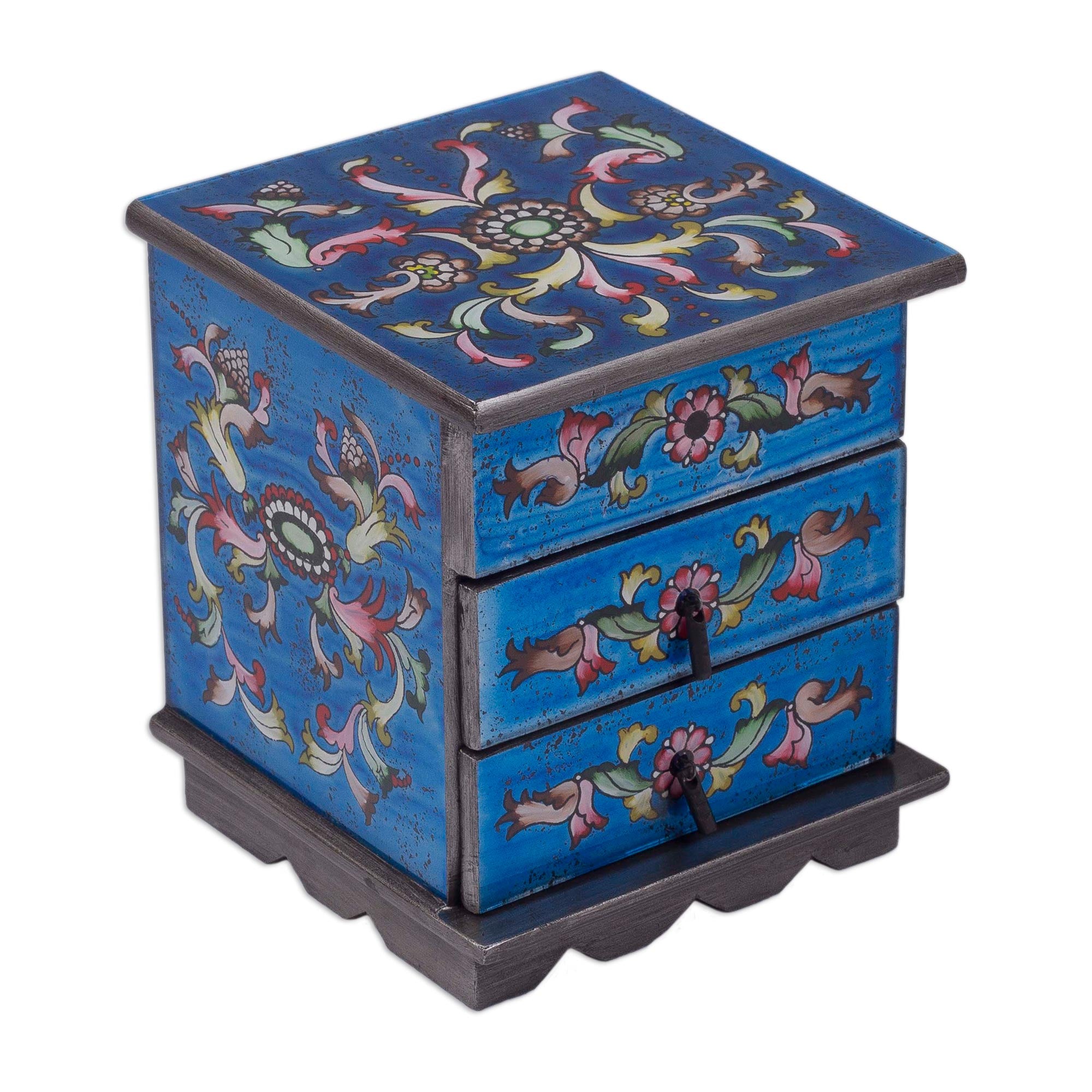 Premium Celestial Blue Hand-Painted Glass Jewelry Chest with Mirror