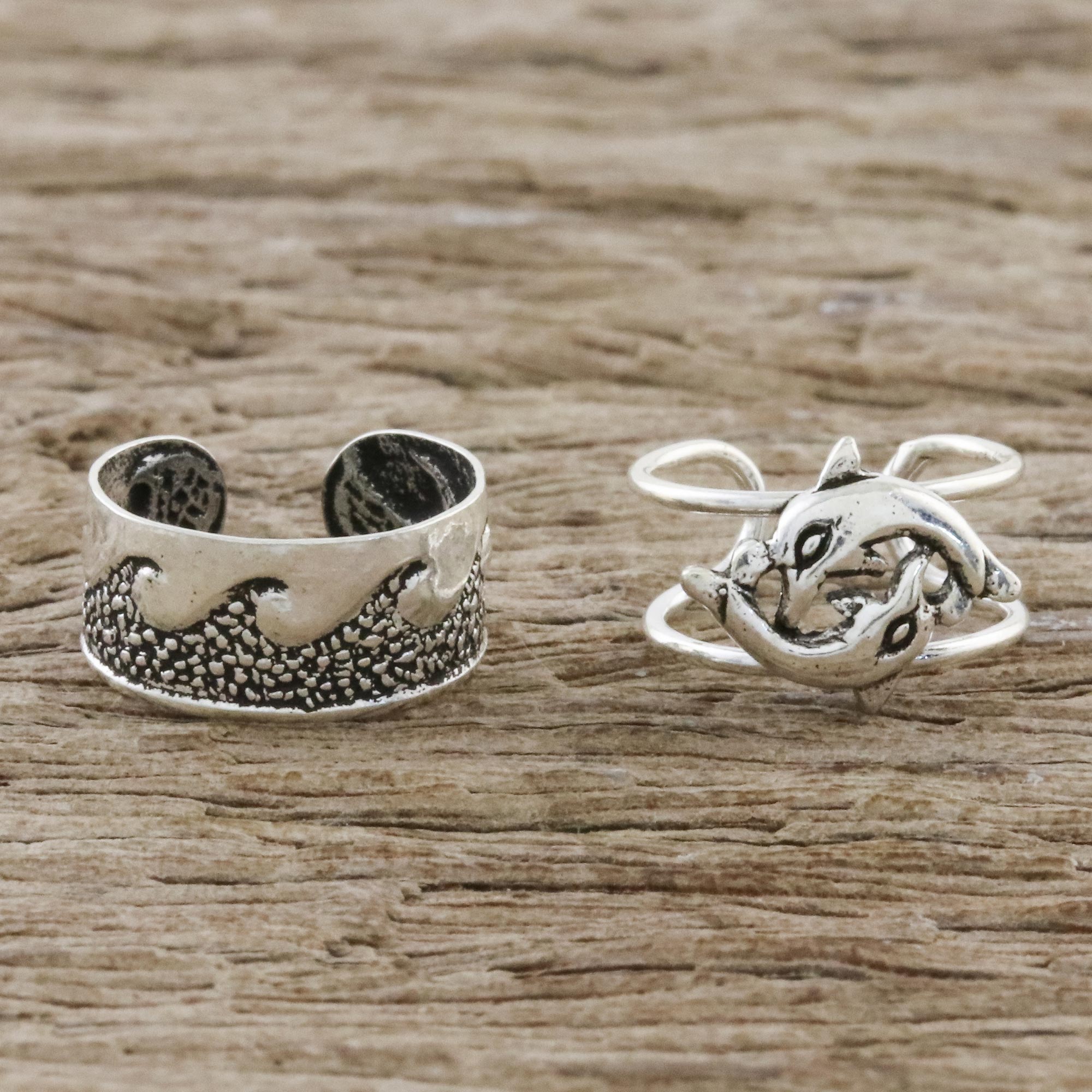 Premium Sterling Silver Dolphin & Wave Ear Cuffs - Nature-Inspired Elegance