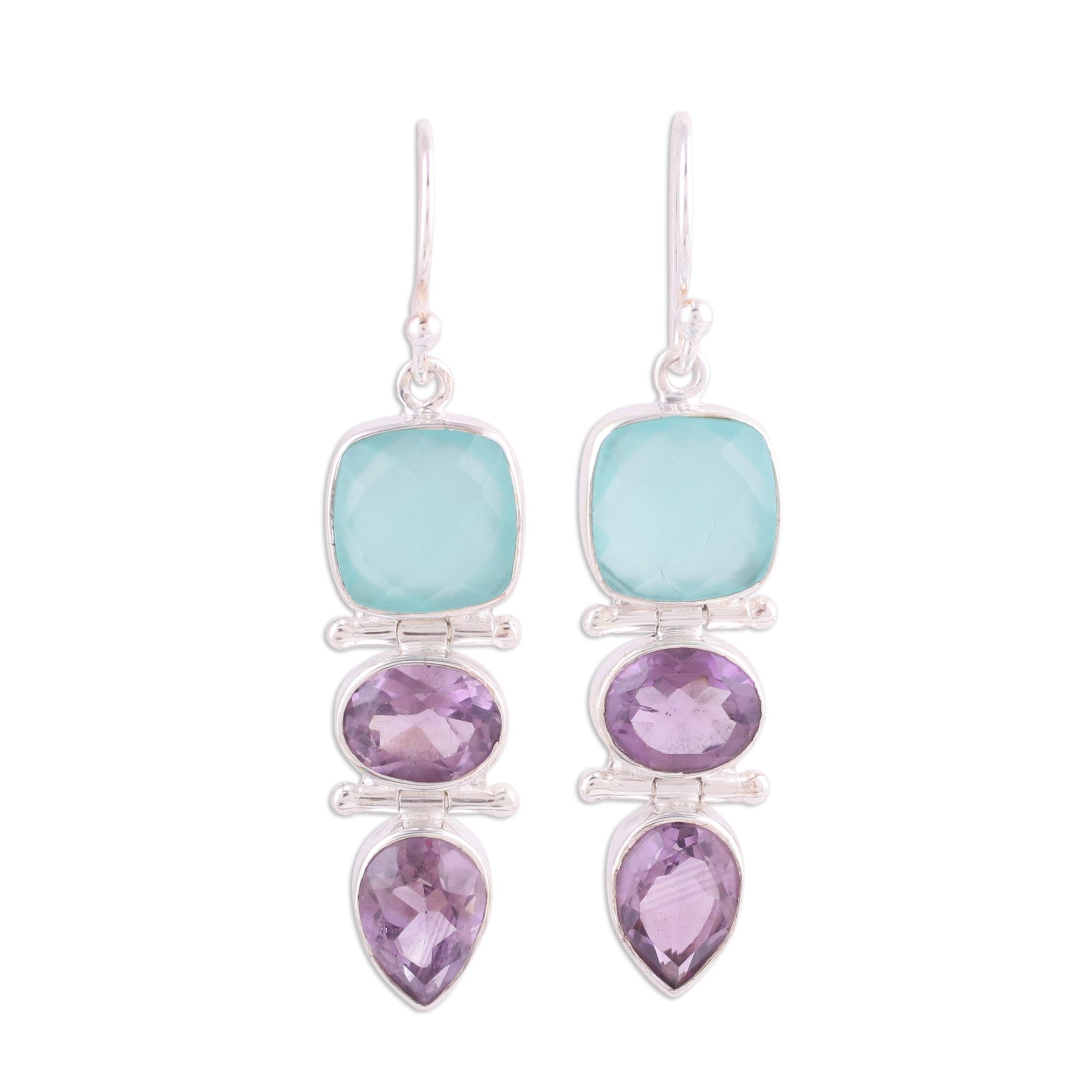 Premium Glittering Muse Amethyst & Blue Chalcedony Dangle Earrings