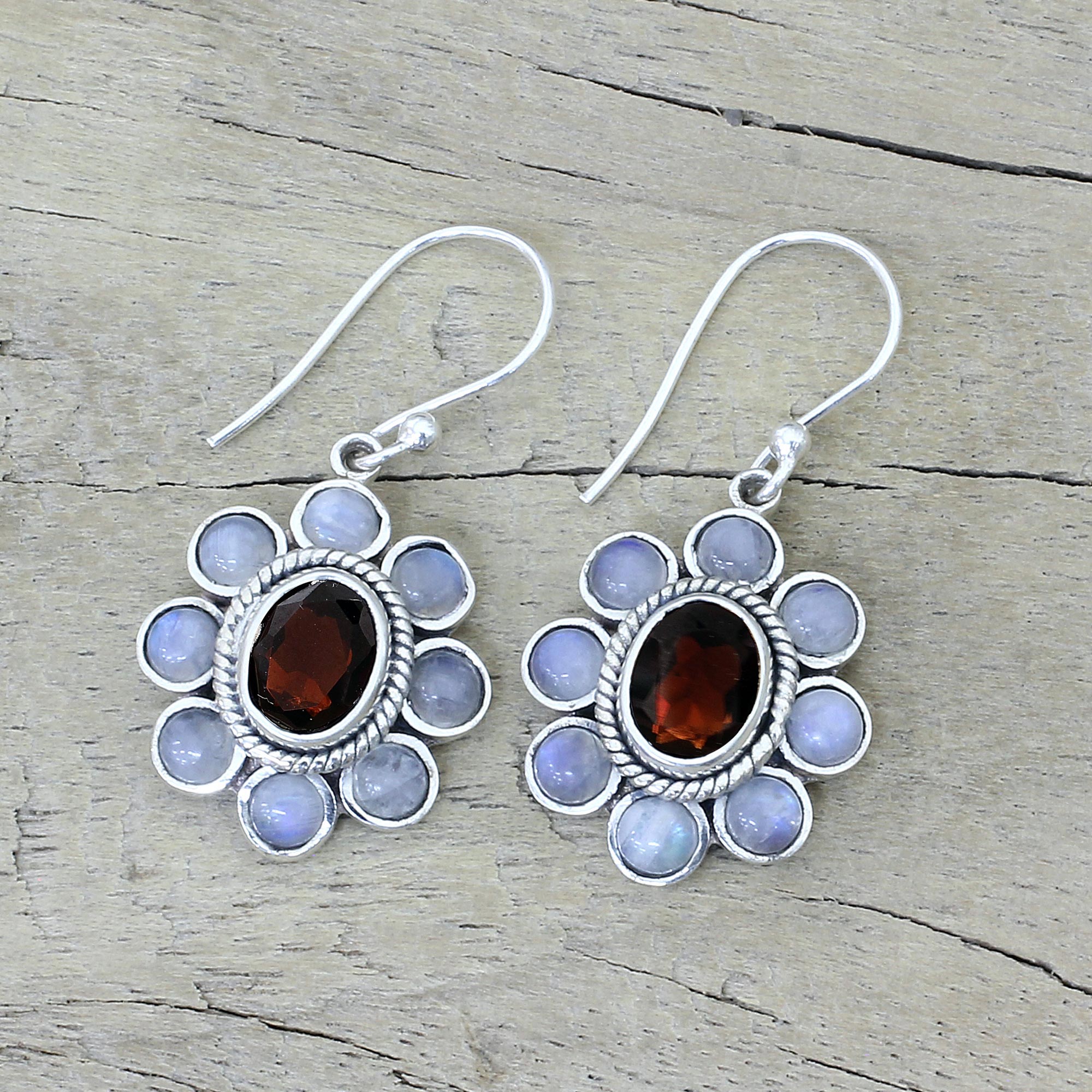 Premium Sterling Silver Dangle Earrings with Rainbow Moonstone & Garnet